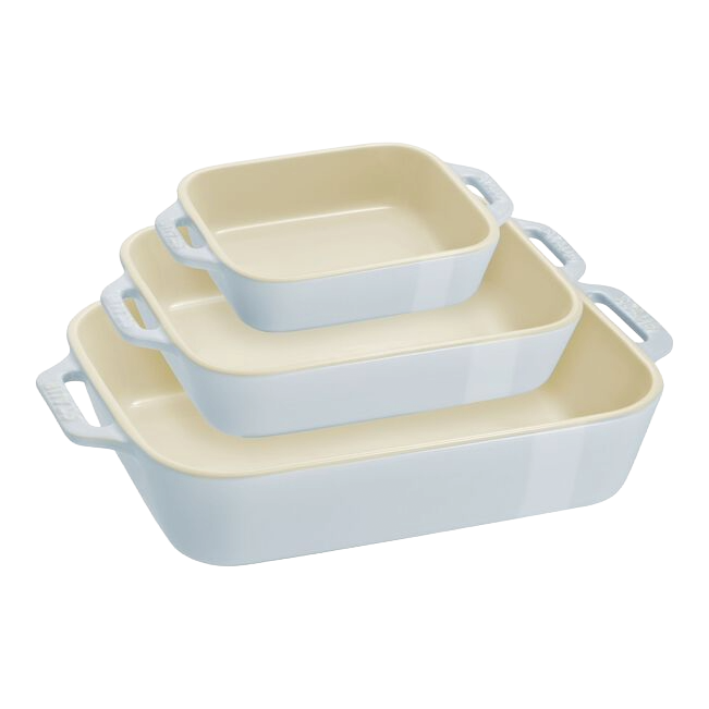 STAUB Macaron Baker Set Rectangular, 3-piece macaron-inspired rectangular dishes in soft pastel colors suitable for baking and serving.