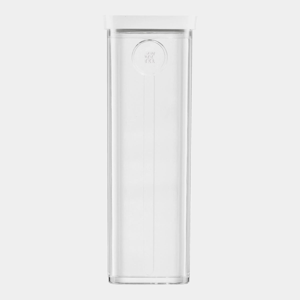 Clear glass container with a white lid on a white background