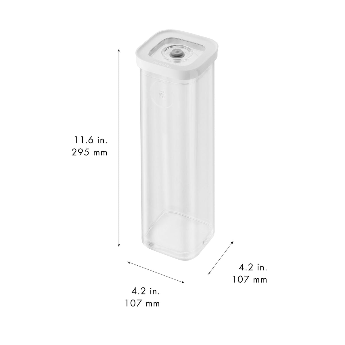 A clear rectangular plastic container with a white lid, shown with dimension lines and text indicating 11.6 inches (295 mm) height and 4.