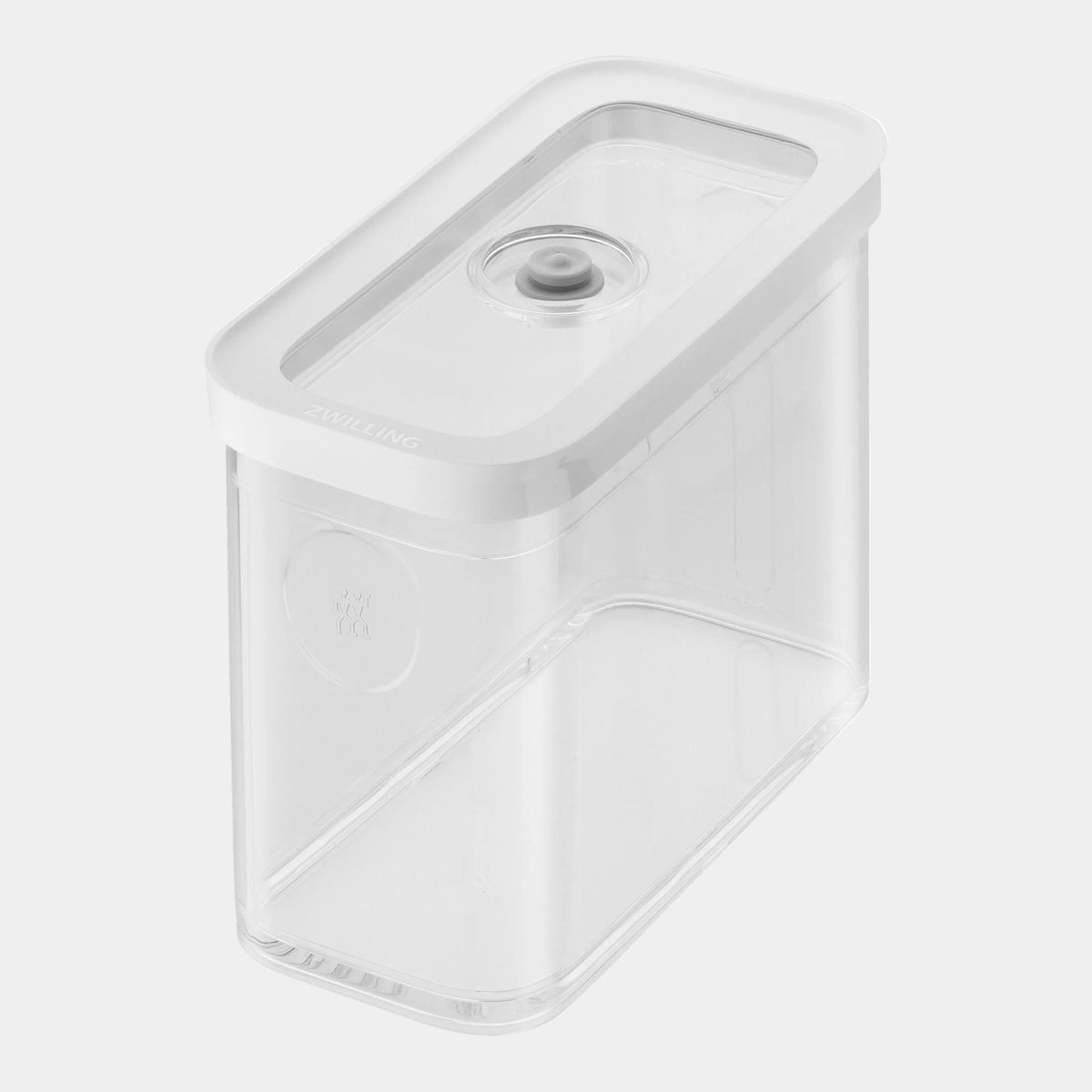 Clear plastic storage container with lid on a white background