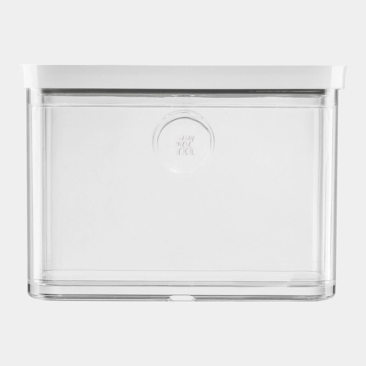 Clear plastic storage container with a white lid on a white background