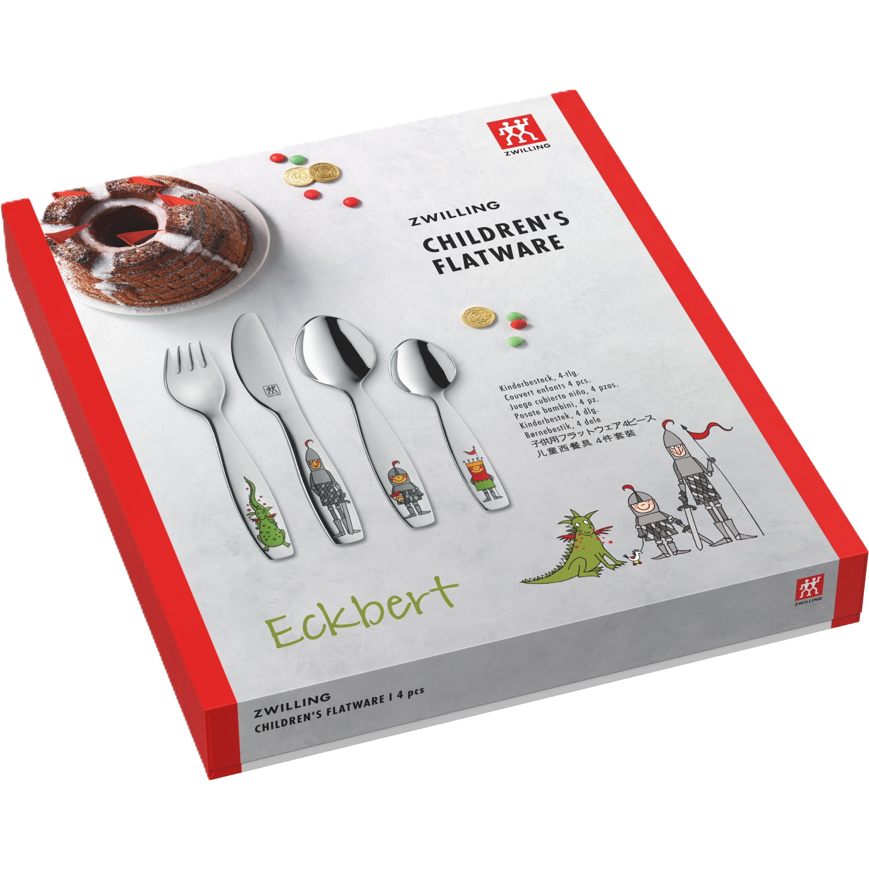 Zwilling children's flatware set packaging with cartoon illustrations on a white background