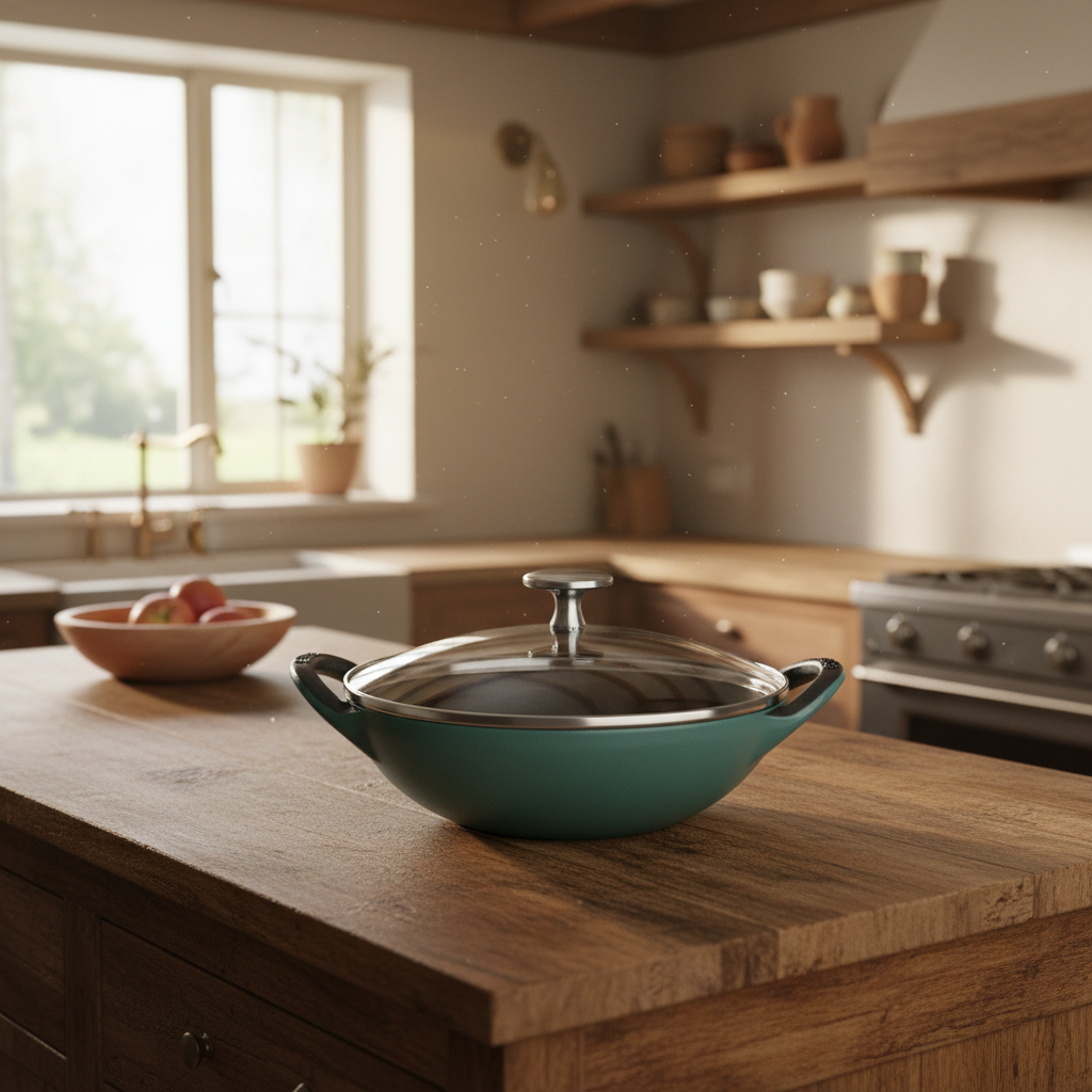 STAUB Specialities Cast Iron Wok 16 cm in eucalyptus color on a kitchen counter