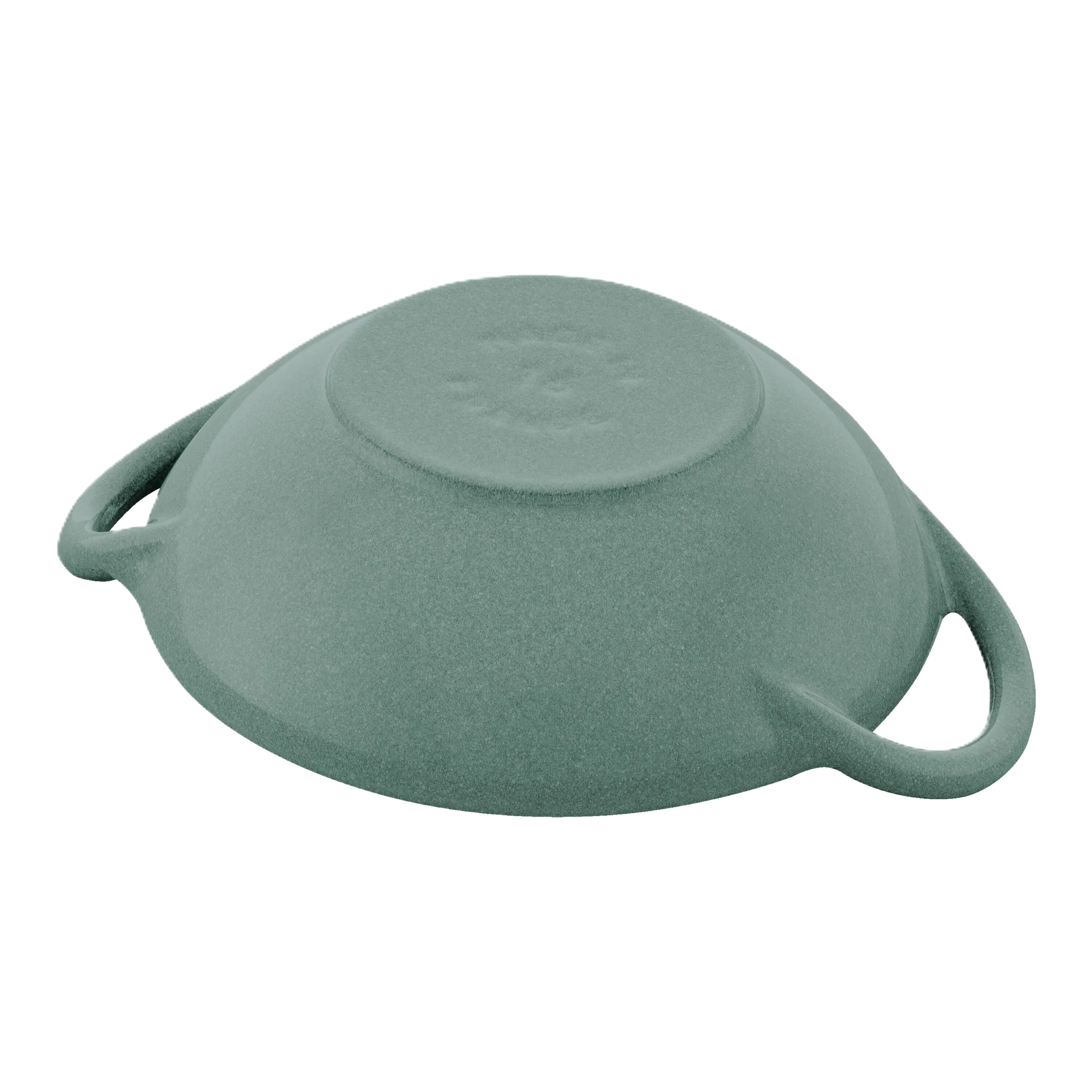 Bottom view of STAUB Specialities Cast Iron Wok 16 cm in Eucalyptus color, showcasing durable handles and enamel surface.