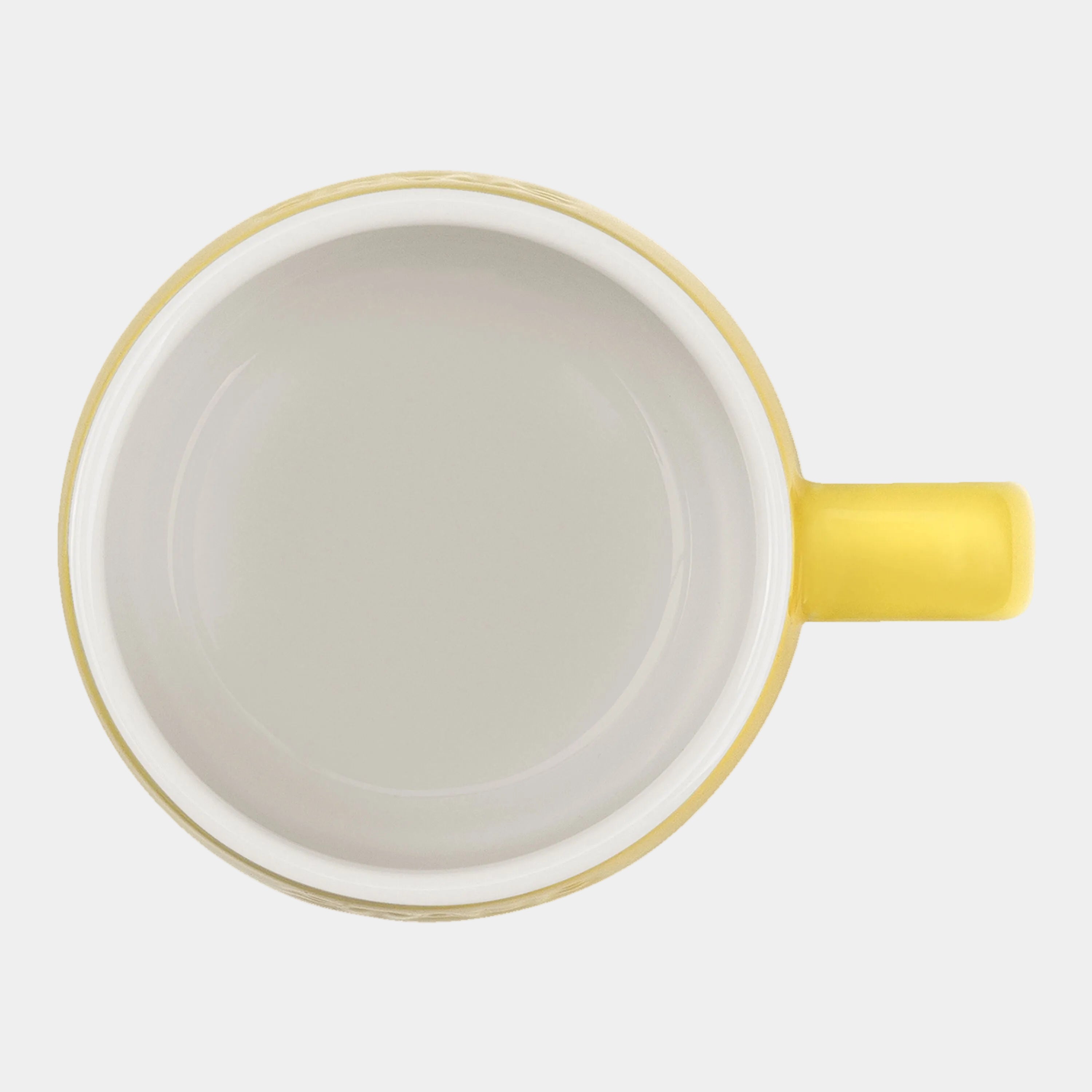 White mug with yellow handle on a white background