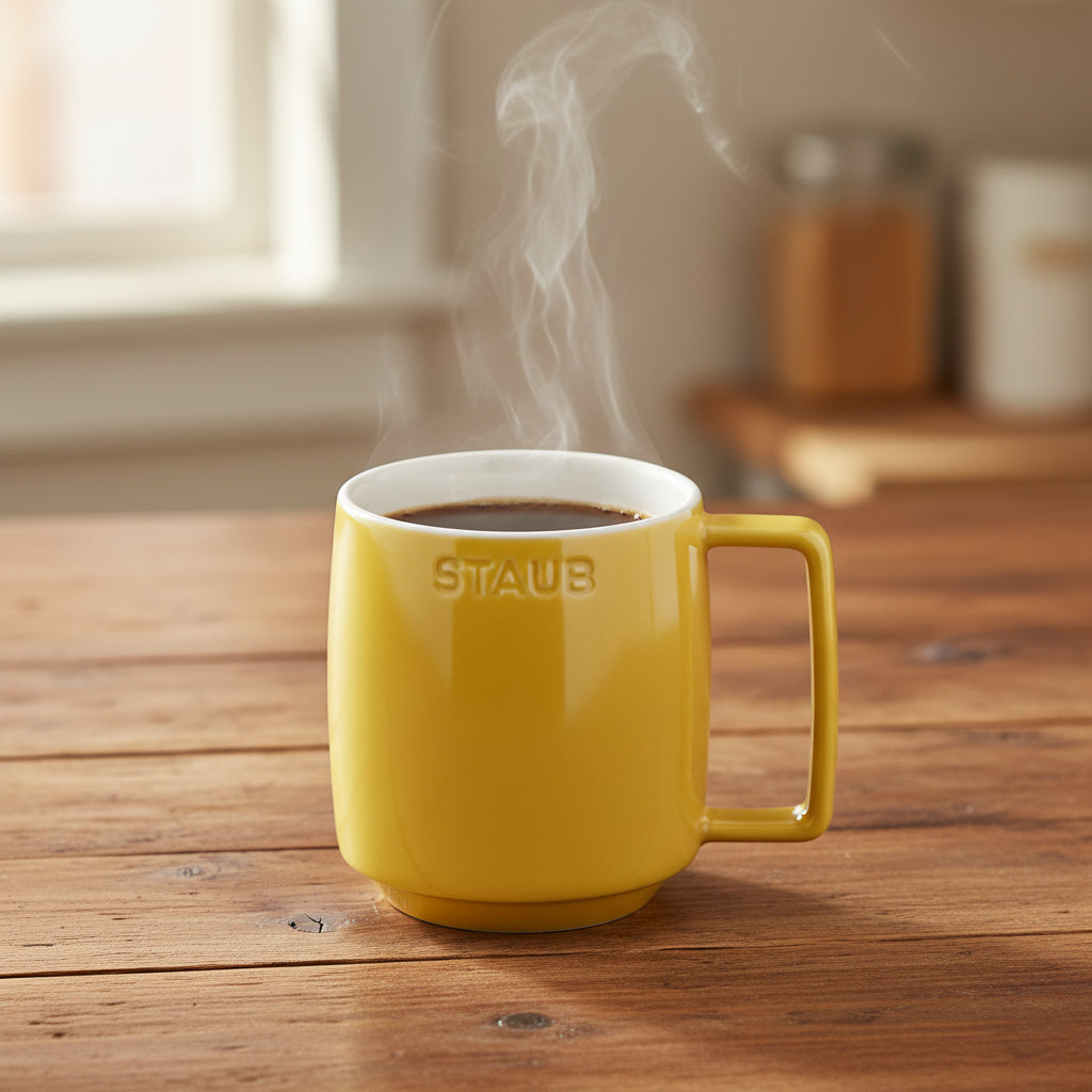 Yellow mug with white interior on a wooden slab natural cosy background 