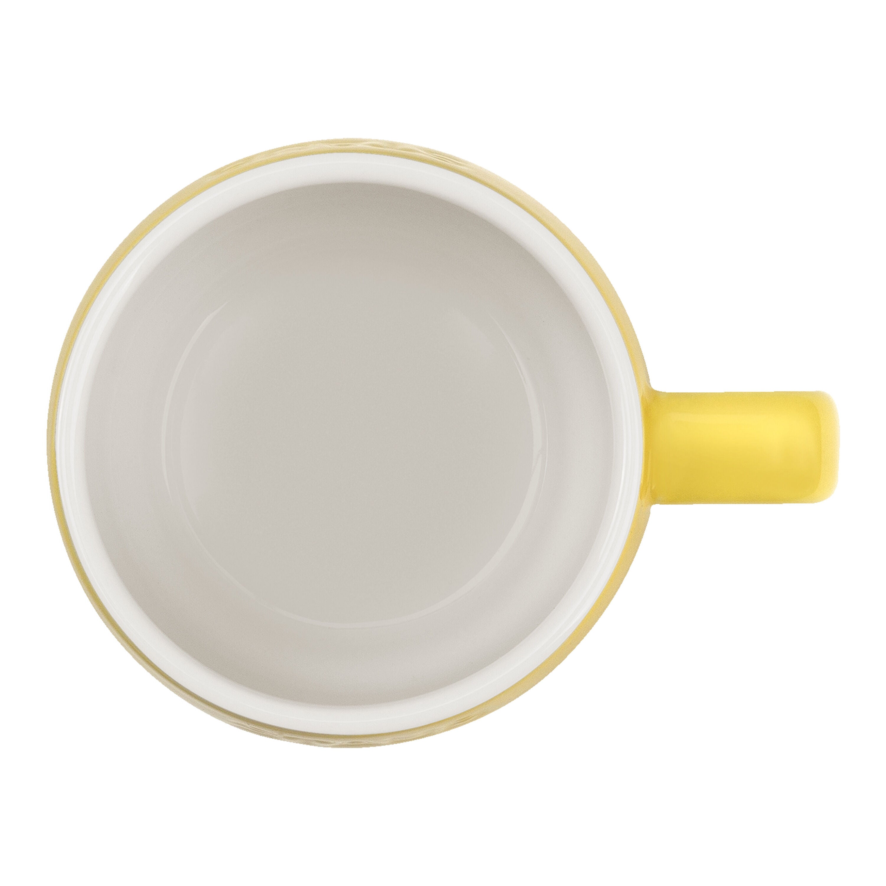 White mug with a yellow handle on a white background