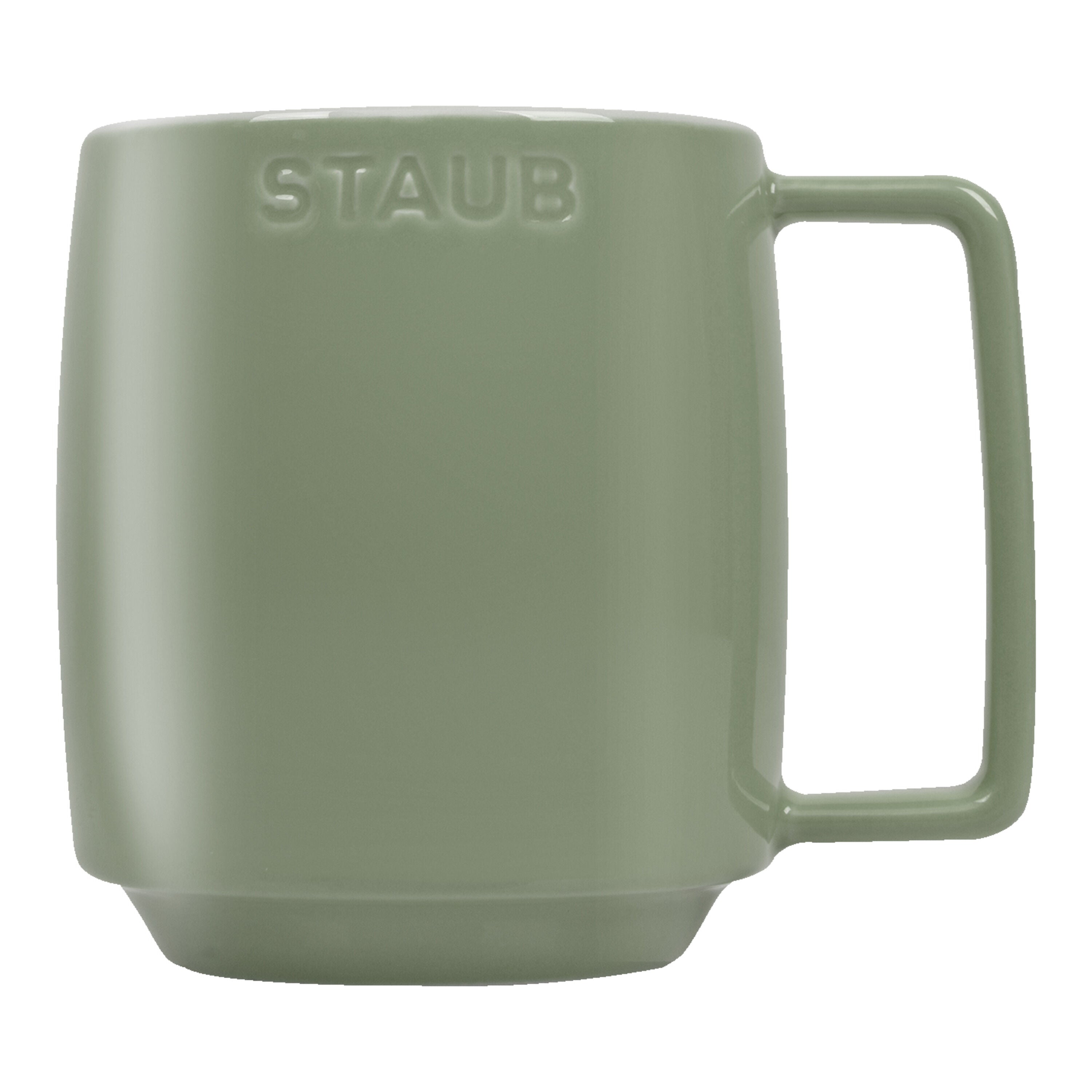 Green mug with 'STAUB' branding on a white background