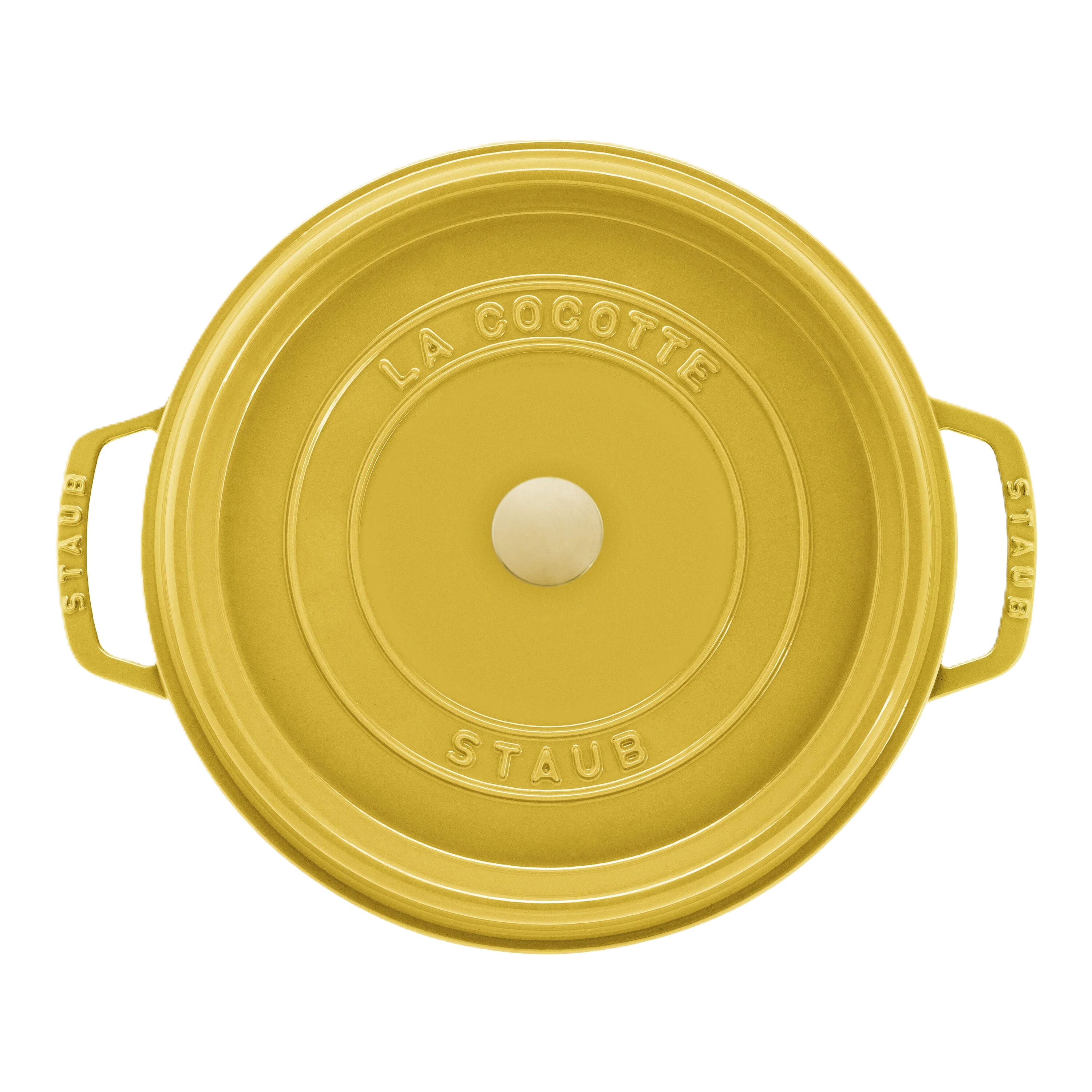 Yellow Staub cocotte with lid on a white background