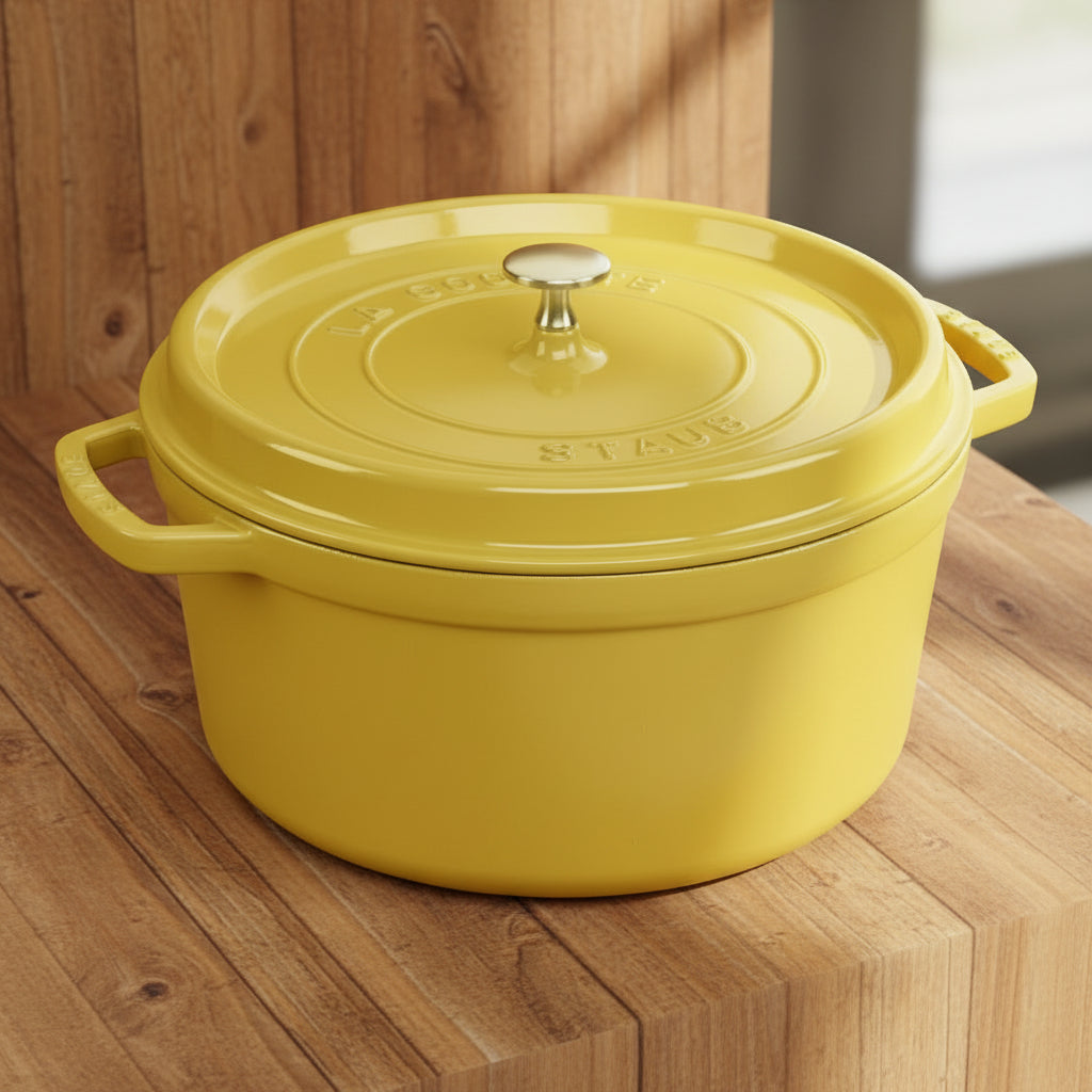 Yellow Staub cocotte with a lid on a wood slab