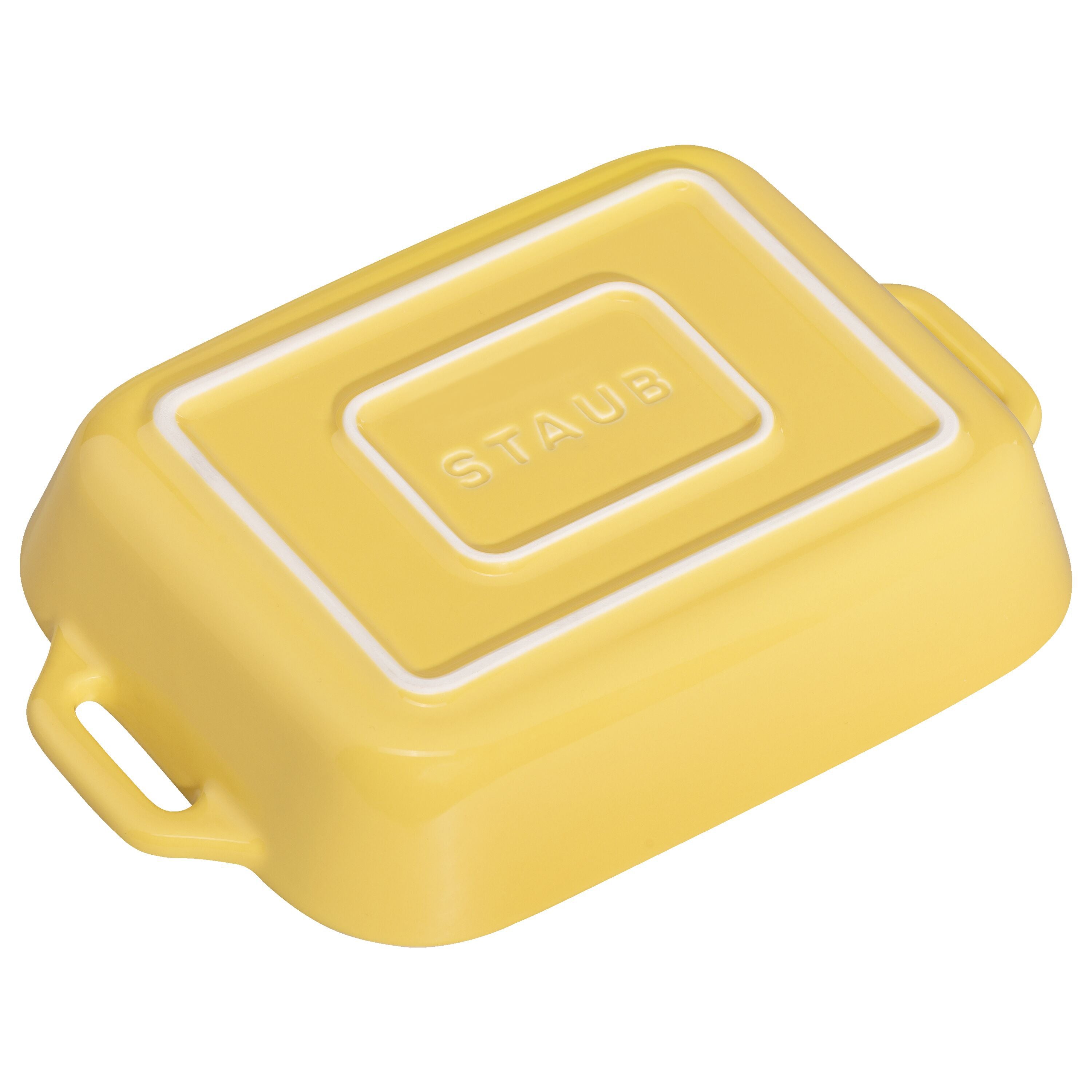 Yellow Staub rectangular baking dish on a white background