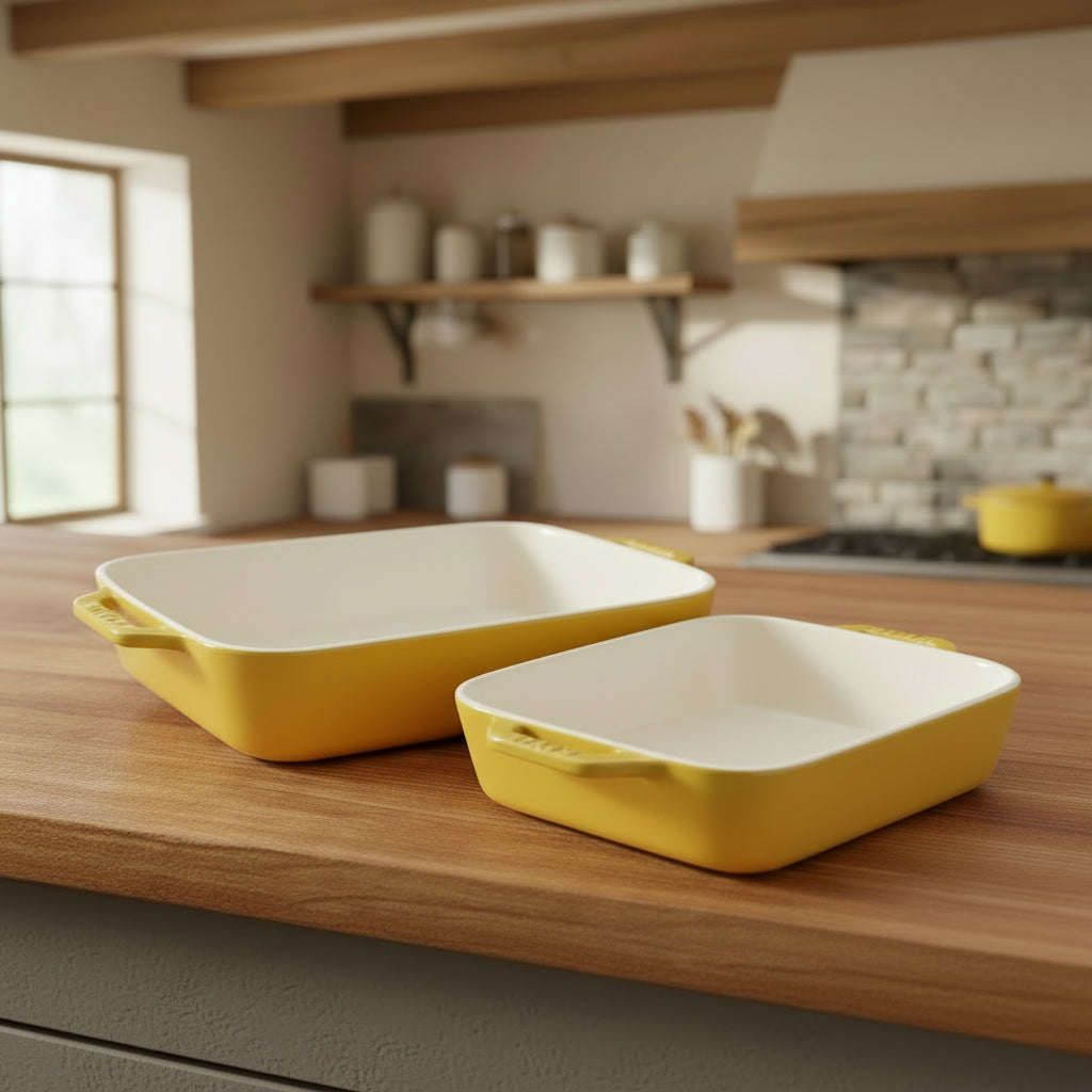 Set of two yellow ceramic baking dishes on a wodden kitchen slab