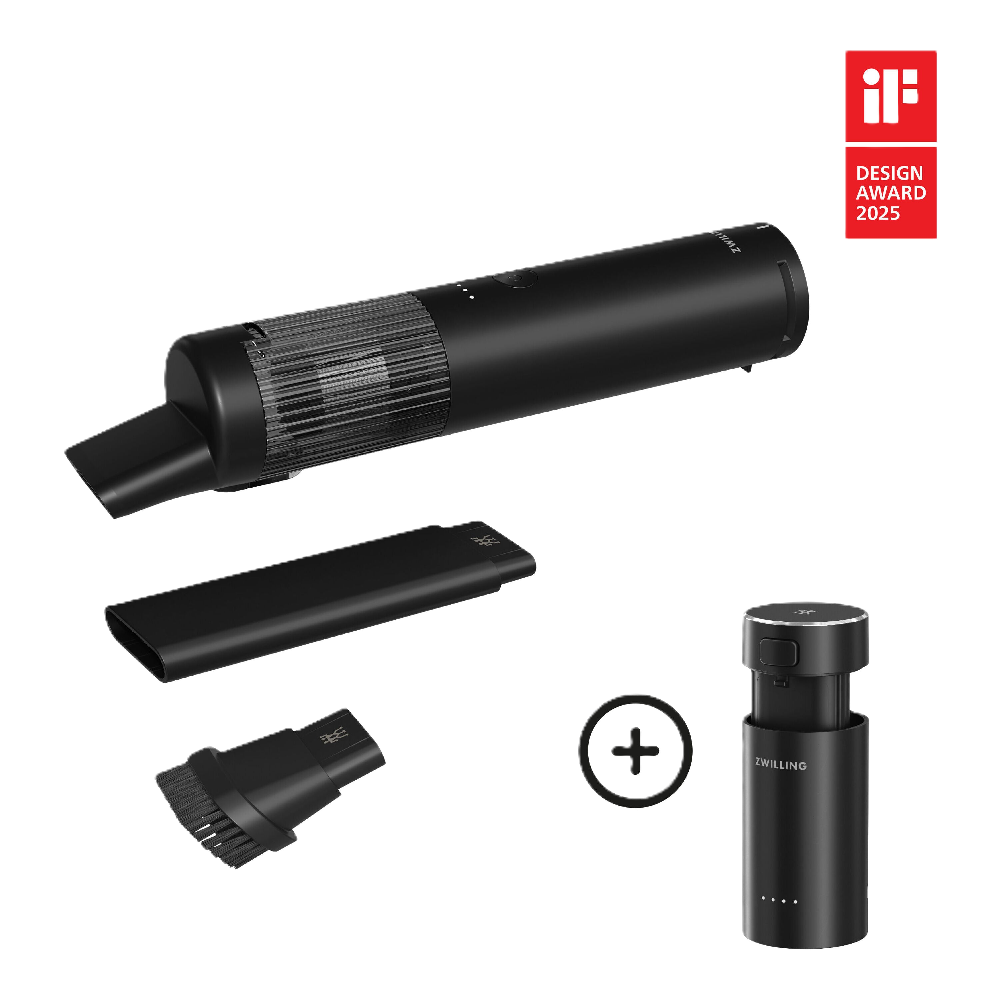 Black handheld device with attachments and a + symbol, featuring an iF Design Award 2025 badge on a white background.