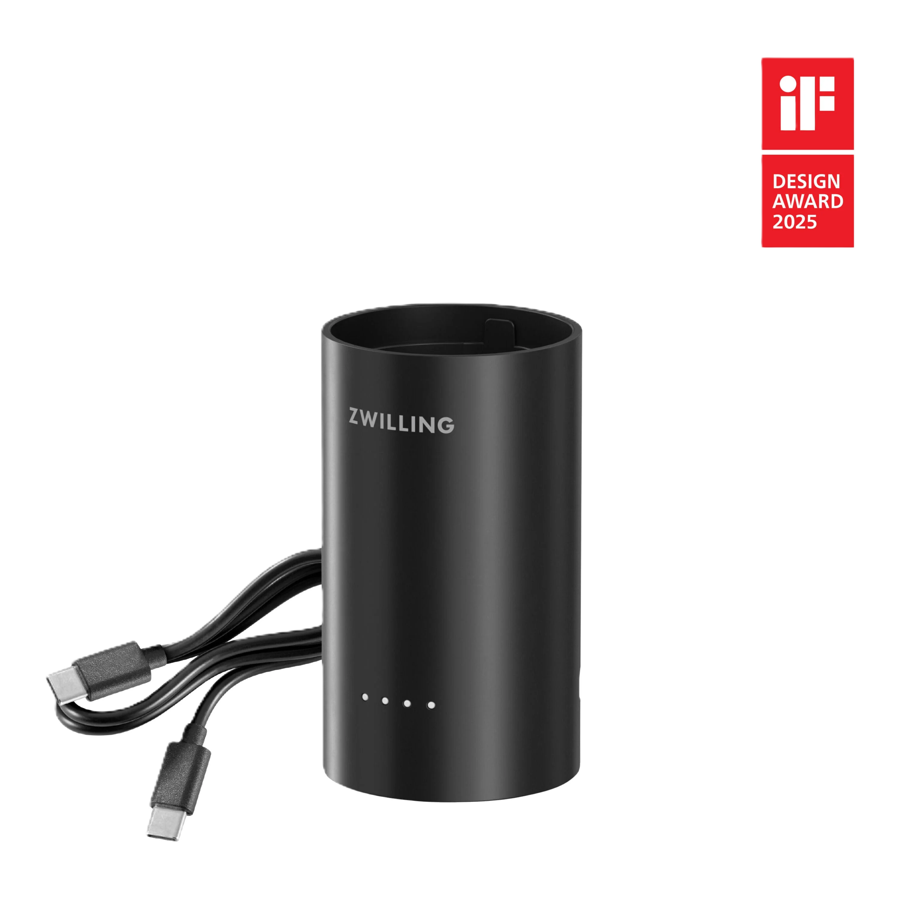 Black cylindrical device with charging cable and 'Zwilling' branding on a white background, with iF Design Award 2025 logo.