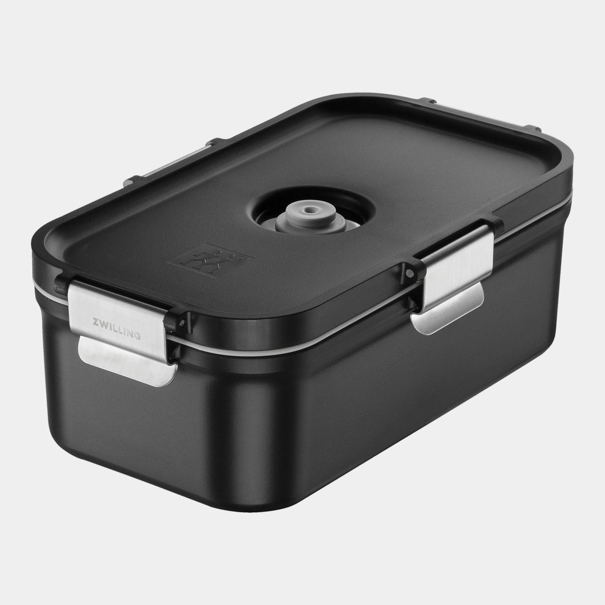 Black lunch box with a silver latch on a white background
