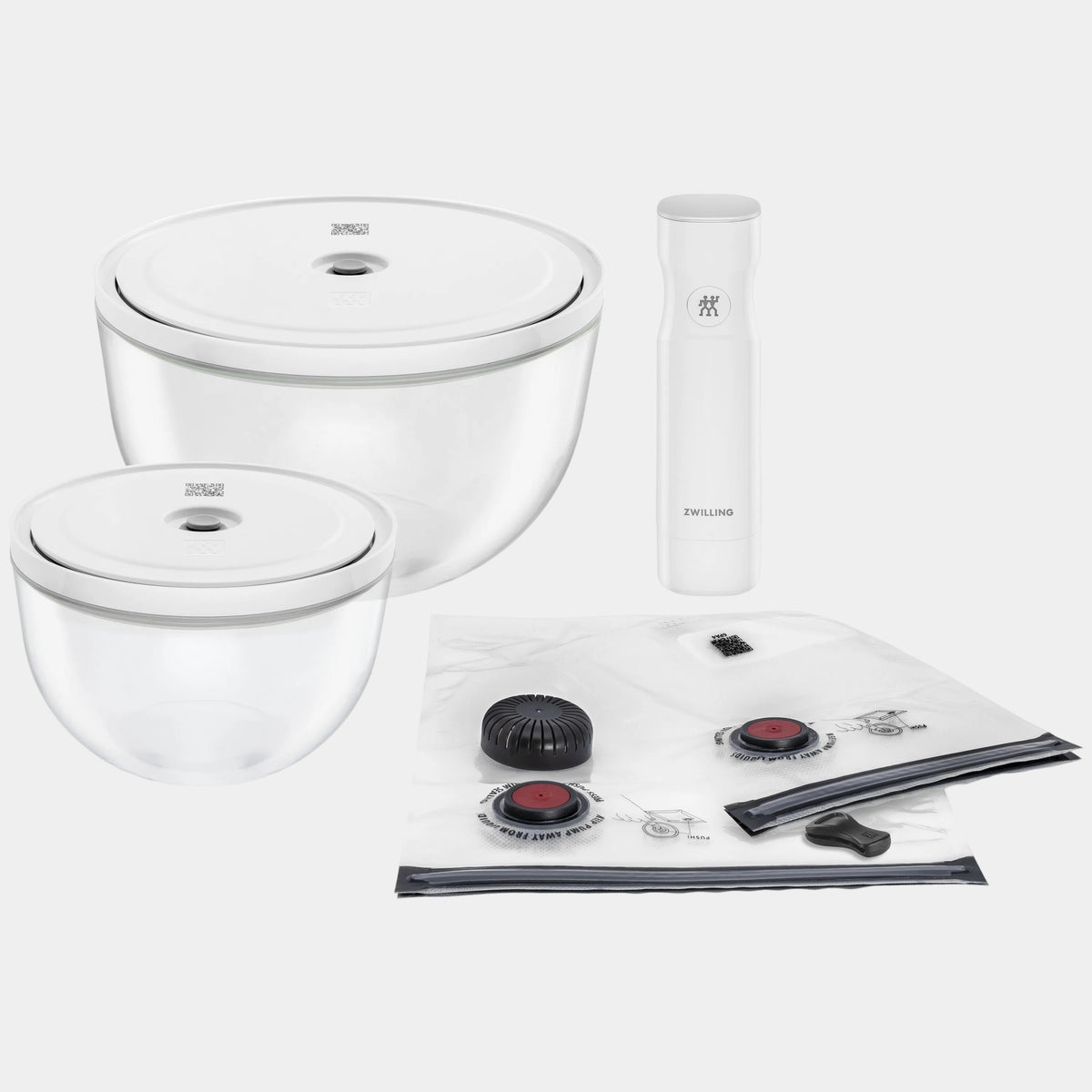 Set of vacuum sealed glass container  with white lid and vacuums  bag and  vacuums pump