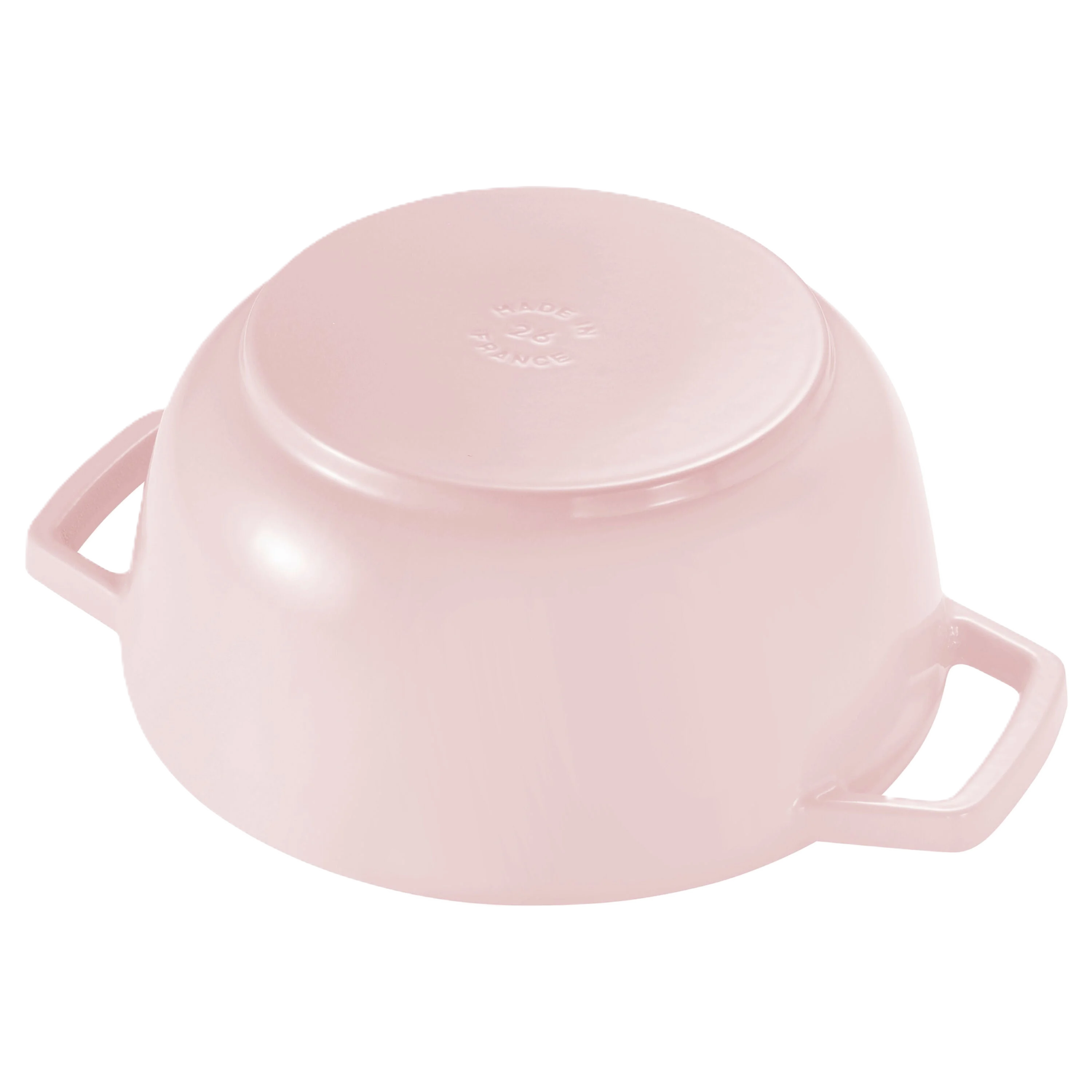 Pink enameled cast iron cookware pot on a white background