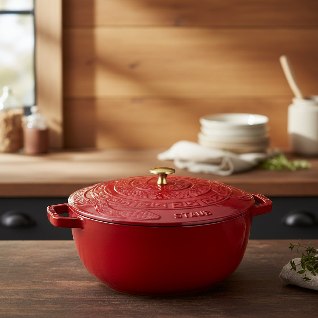 Red Staub cookware on a wooden surface with a blurred kitchen background