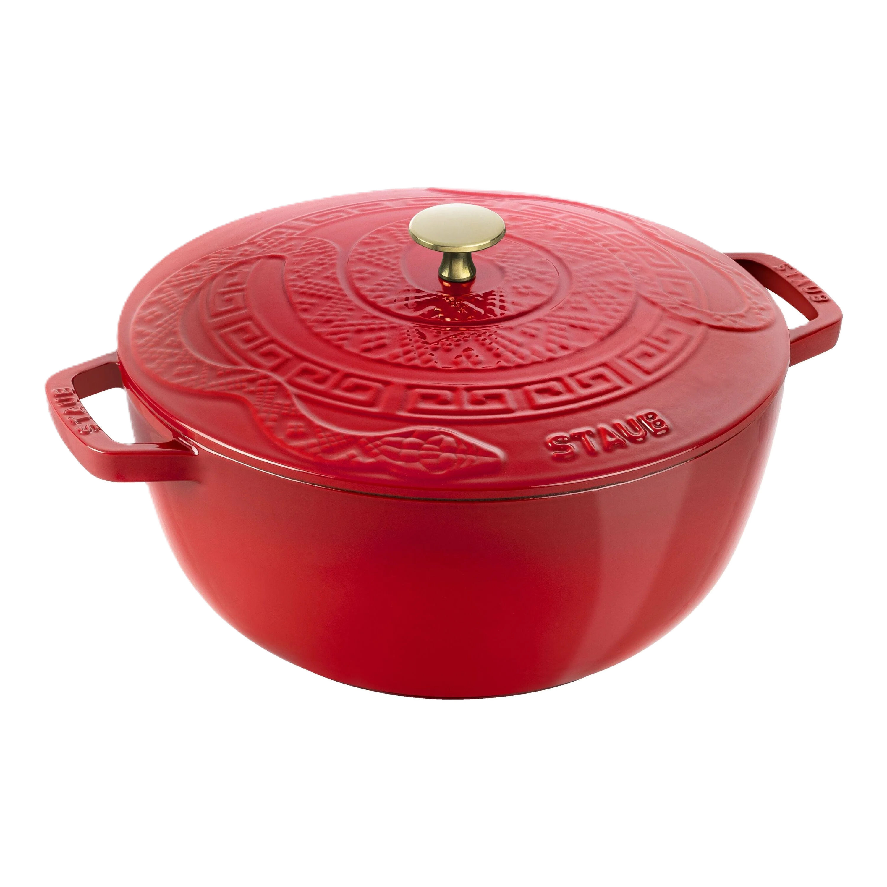 Red Staub cookware pot with lid on a white background