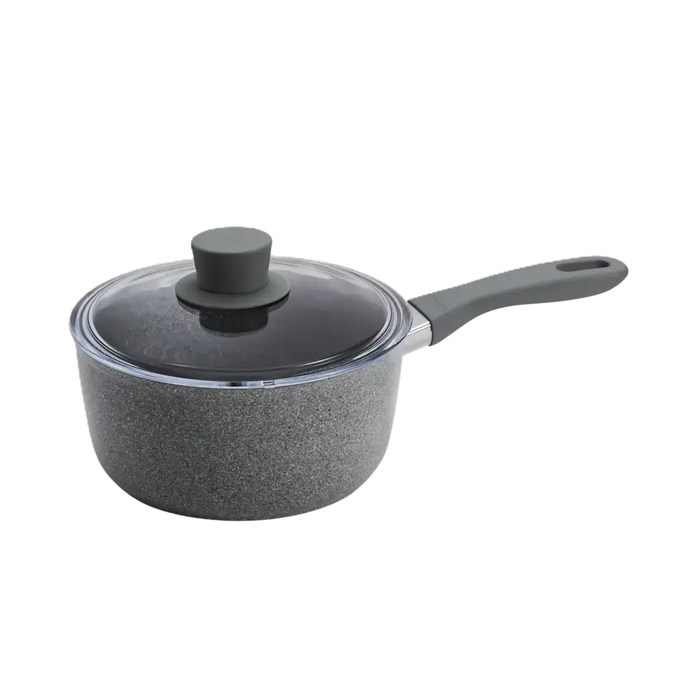 Gray speckled cookware with lid on a white background