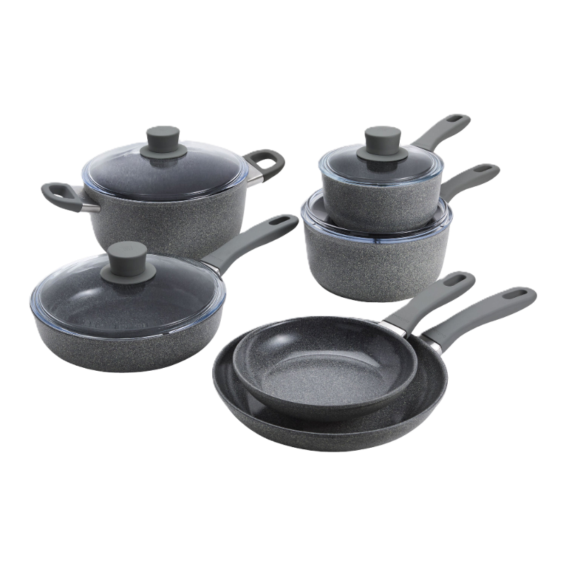 Set of gray cookware with lids on a white background