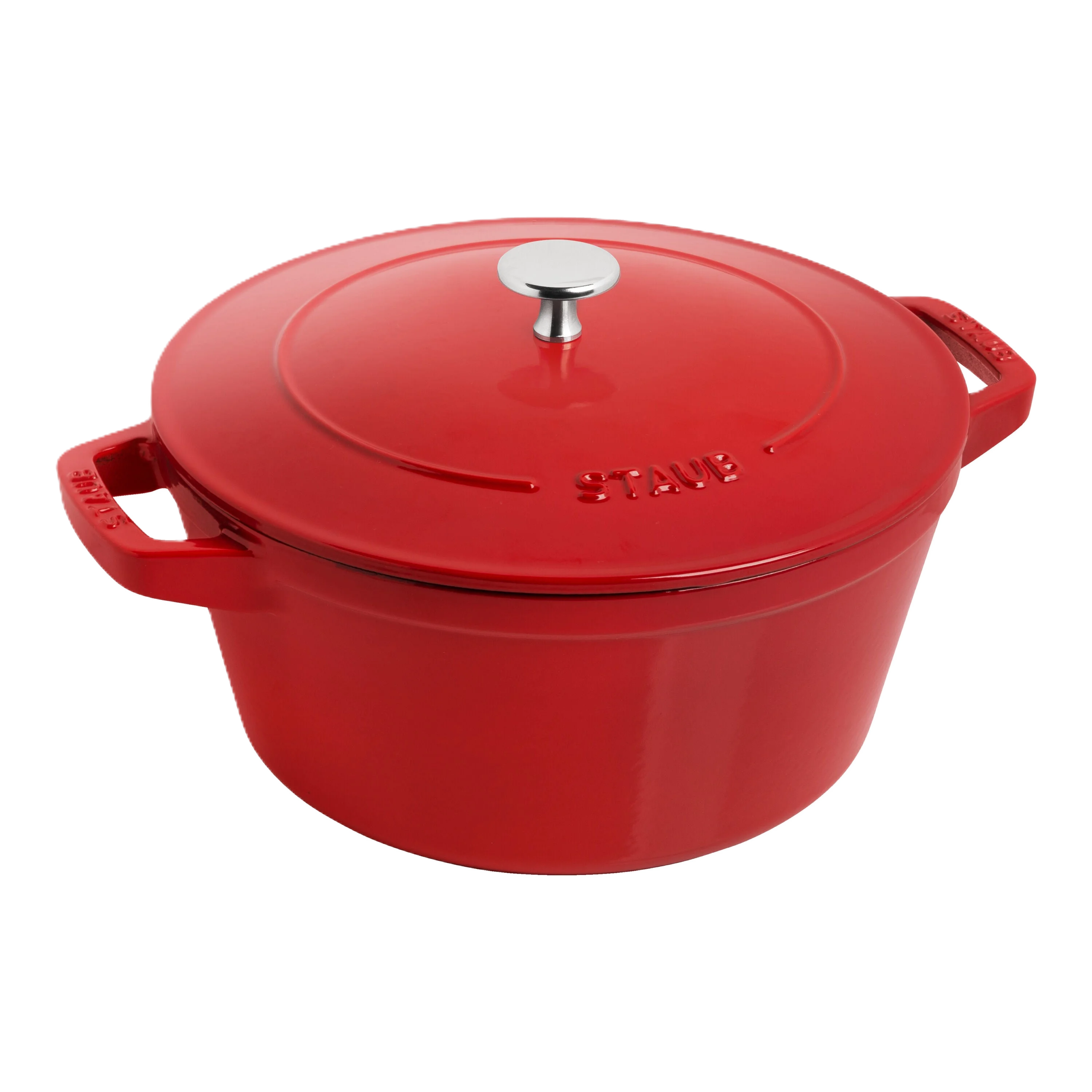 Red Staub cookware pot with lid on a white background