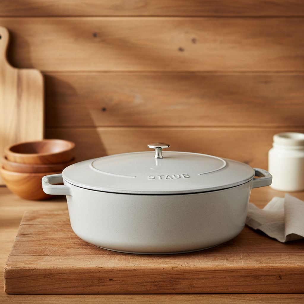 White Staub cookware on a wooden surface with a wooden wall background