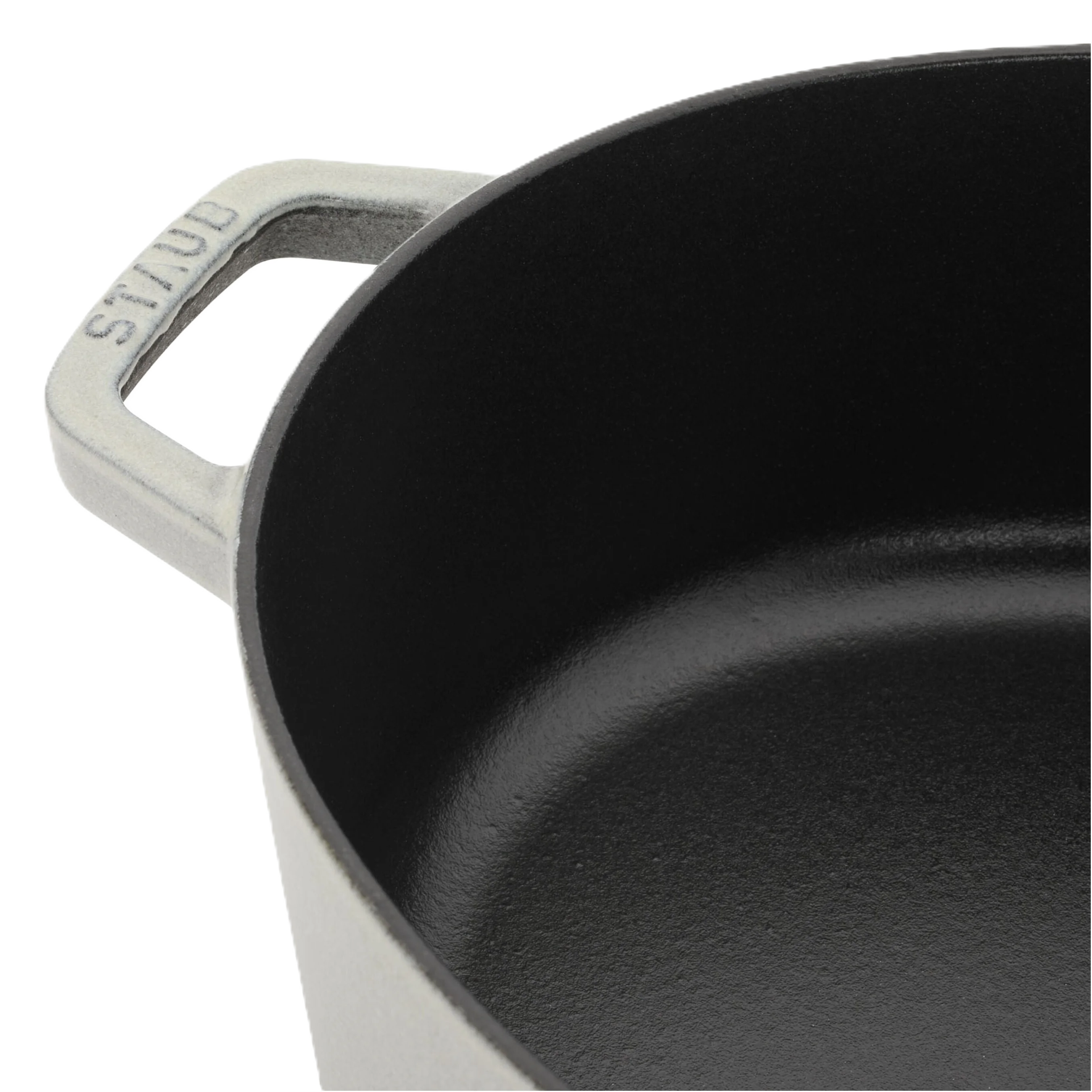 Close-up of a black cast iron skillet with a white handle on a white background