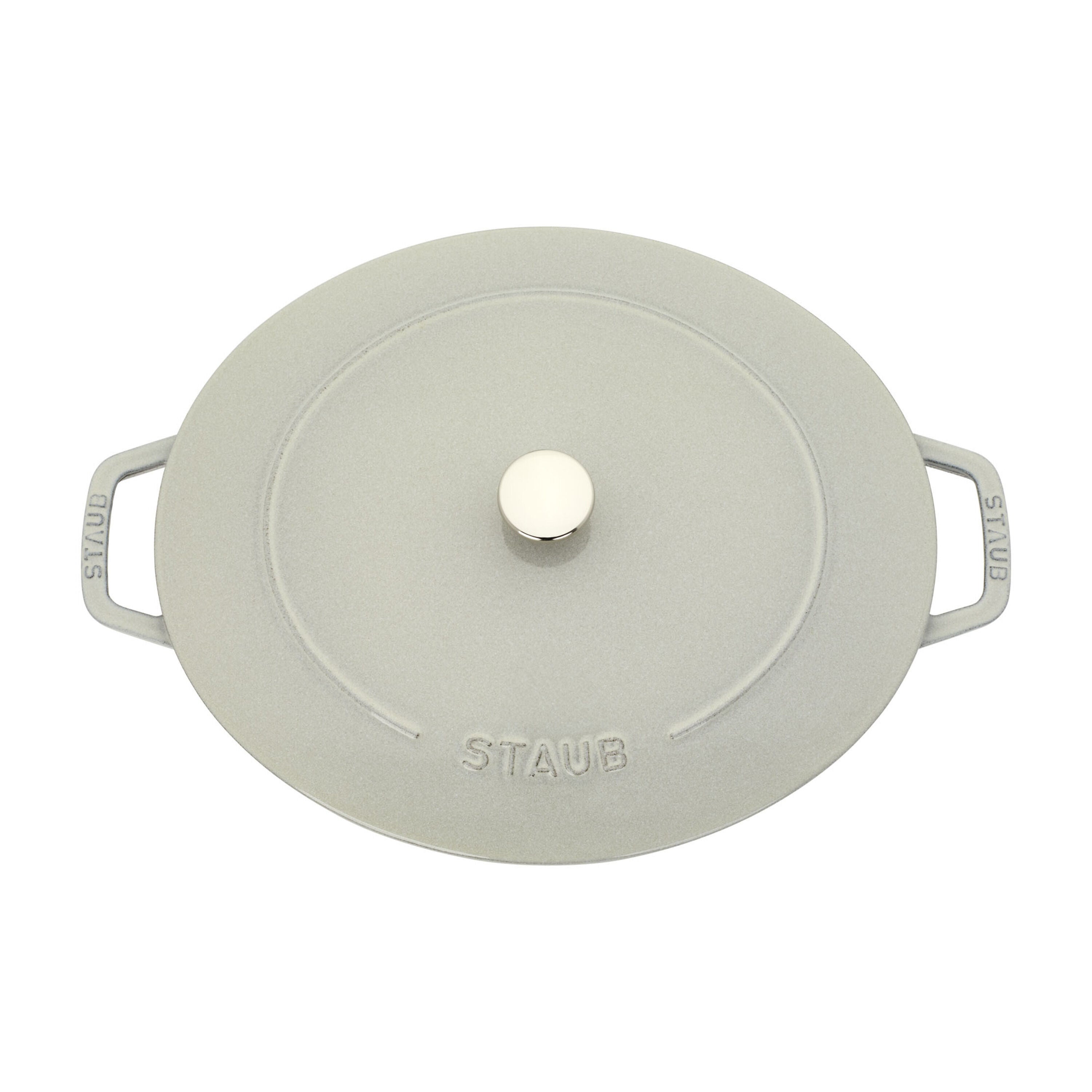 Top view of STAUB La Cocotte 6 L Cast Iron Oval Wide Oval Dutch Oven, White Truffle with handles and lid