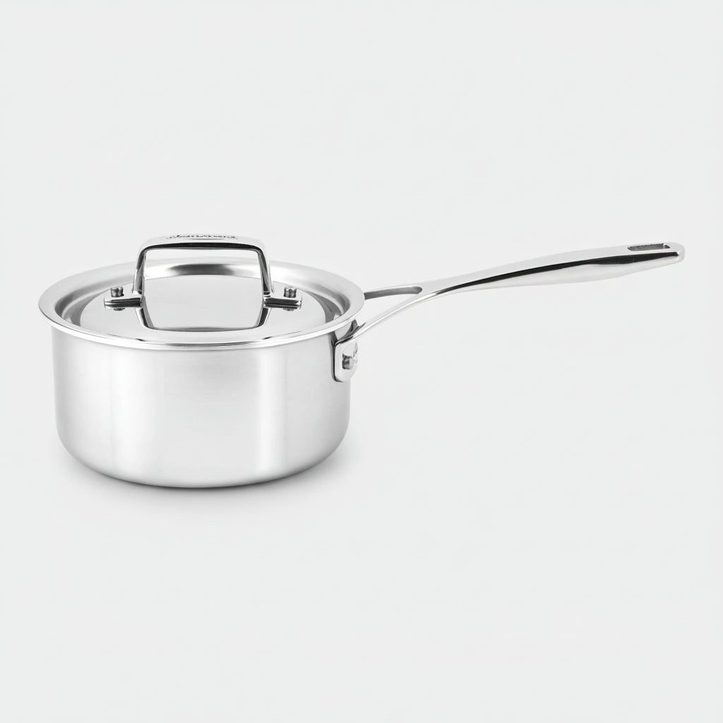 Stainless steel saucepan with lid on a white background