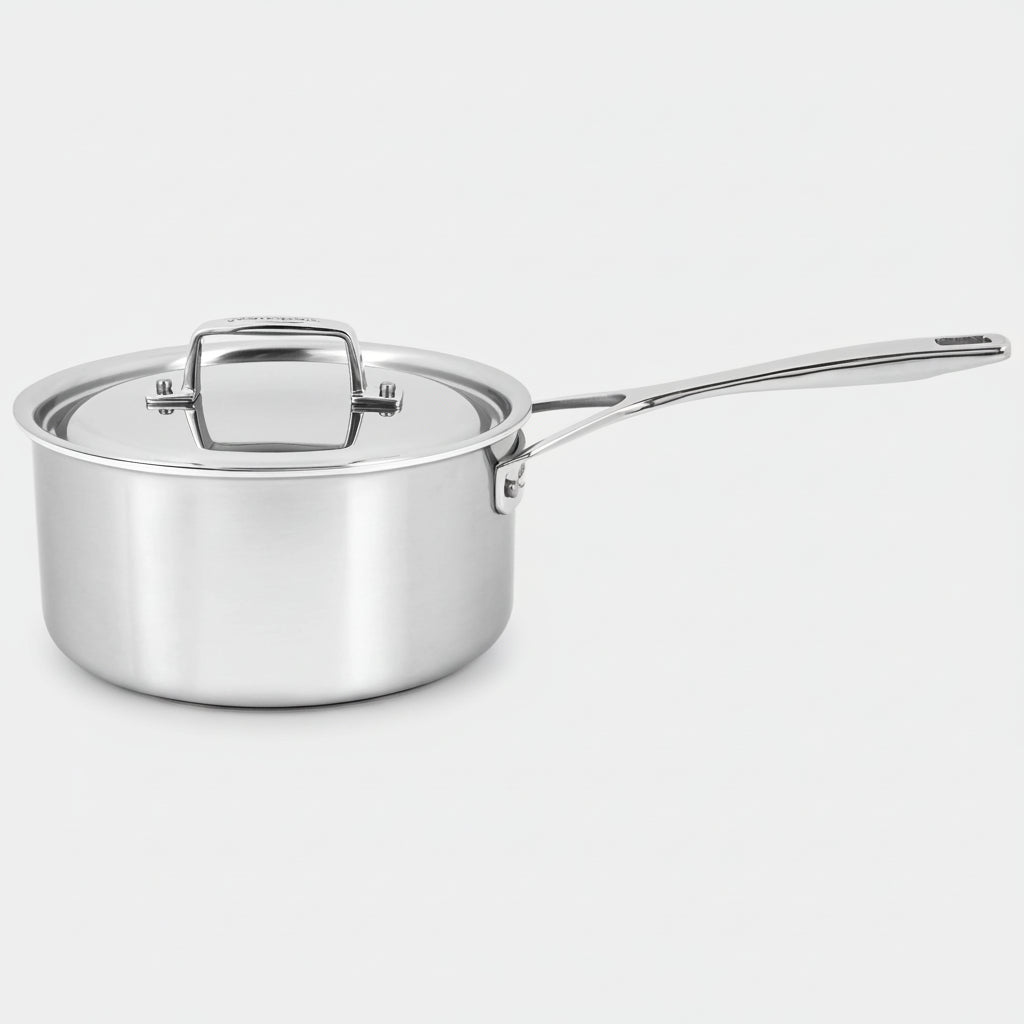 Stainless steel saucepan with lid on a white background