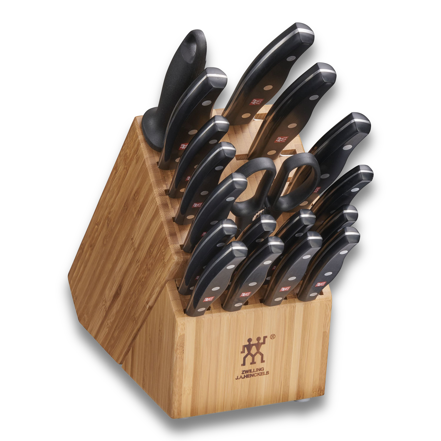 ZWILLING TWIN Signature 19 Piece Knife Block Set displayed in a wooden holder with various knives and scissors.