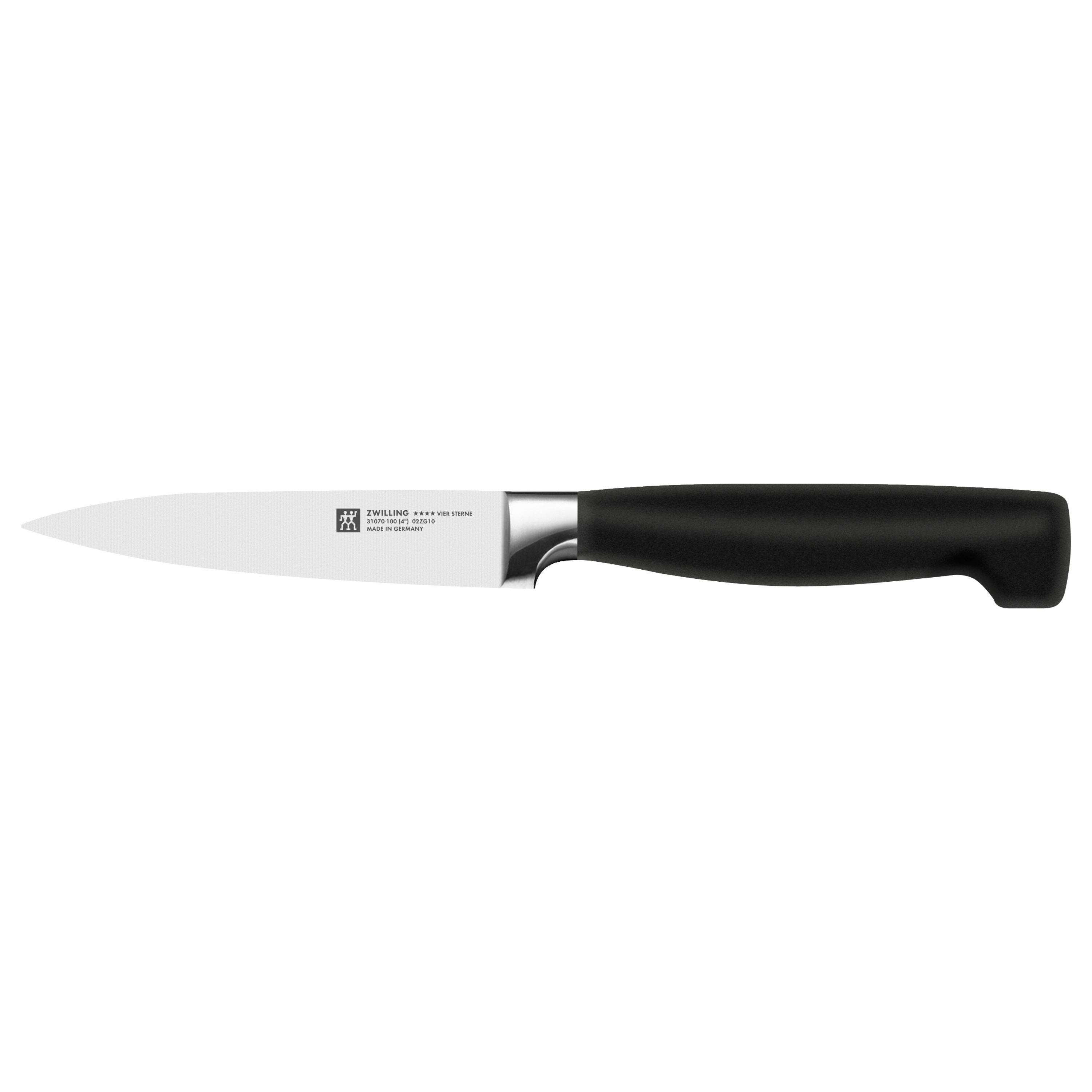 ZWILLING **** Four Star 4 Piece Self Sharpening Block Set, White - close-up of a ZWILLING knife with black handle.