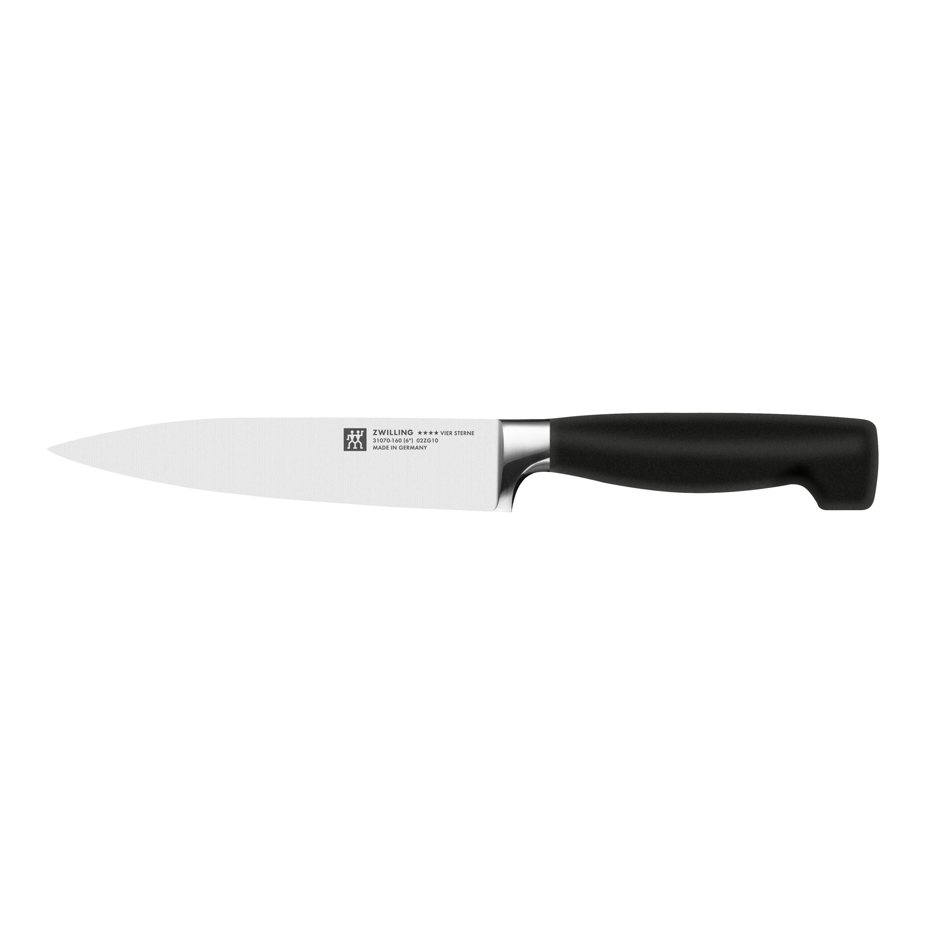 ZWILLING **** Four Star 4 Piece Self Sharpening Block Set, Black carving knife with black handle and stainless steel blade.