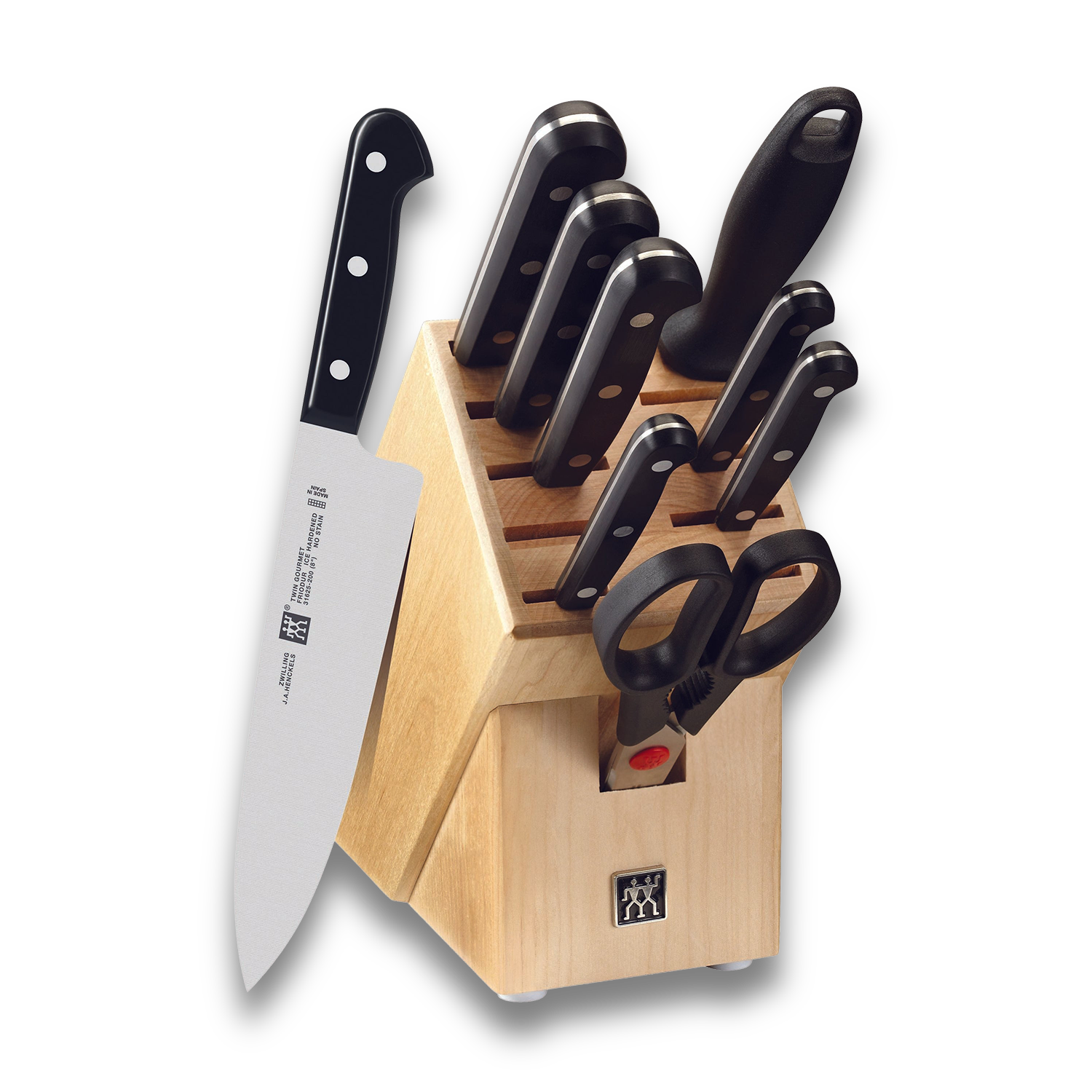 ZWILLING TWIN Gourmet 10 Piece Knife Block Set with precision-stamped blades and wooden block, includes kitchen shears.