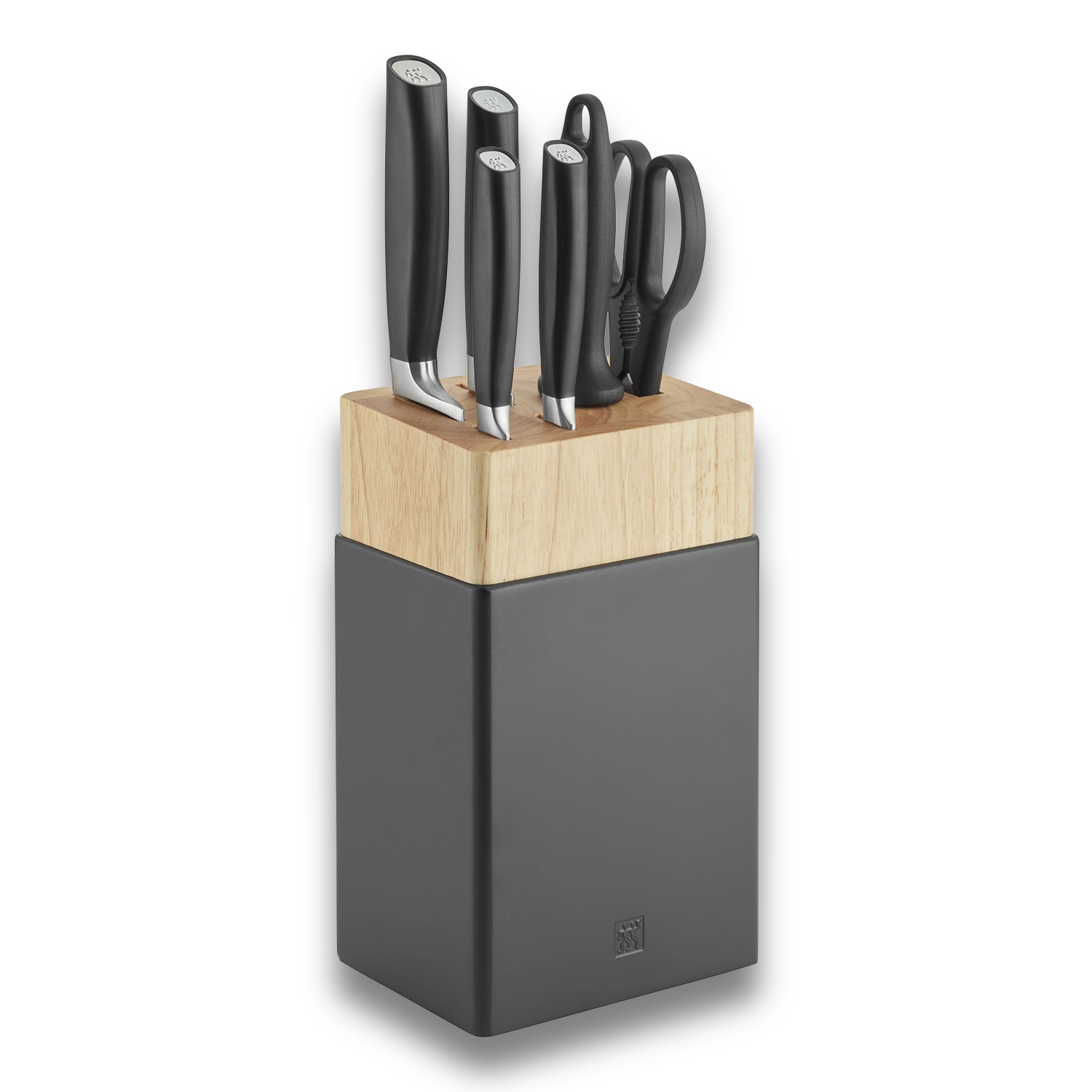 ZWILLING All * Star 7 Piece Knife Block Set, Silver displayed with wooden block and black handles.