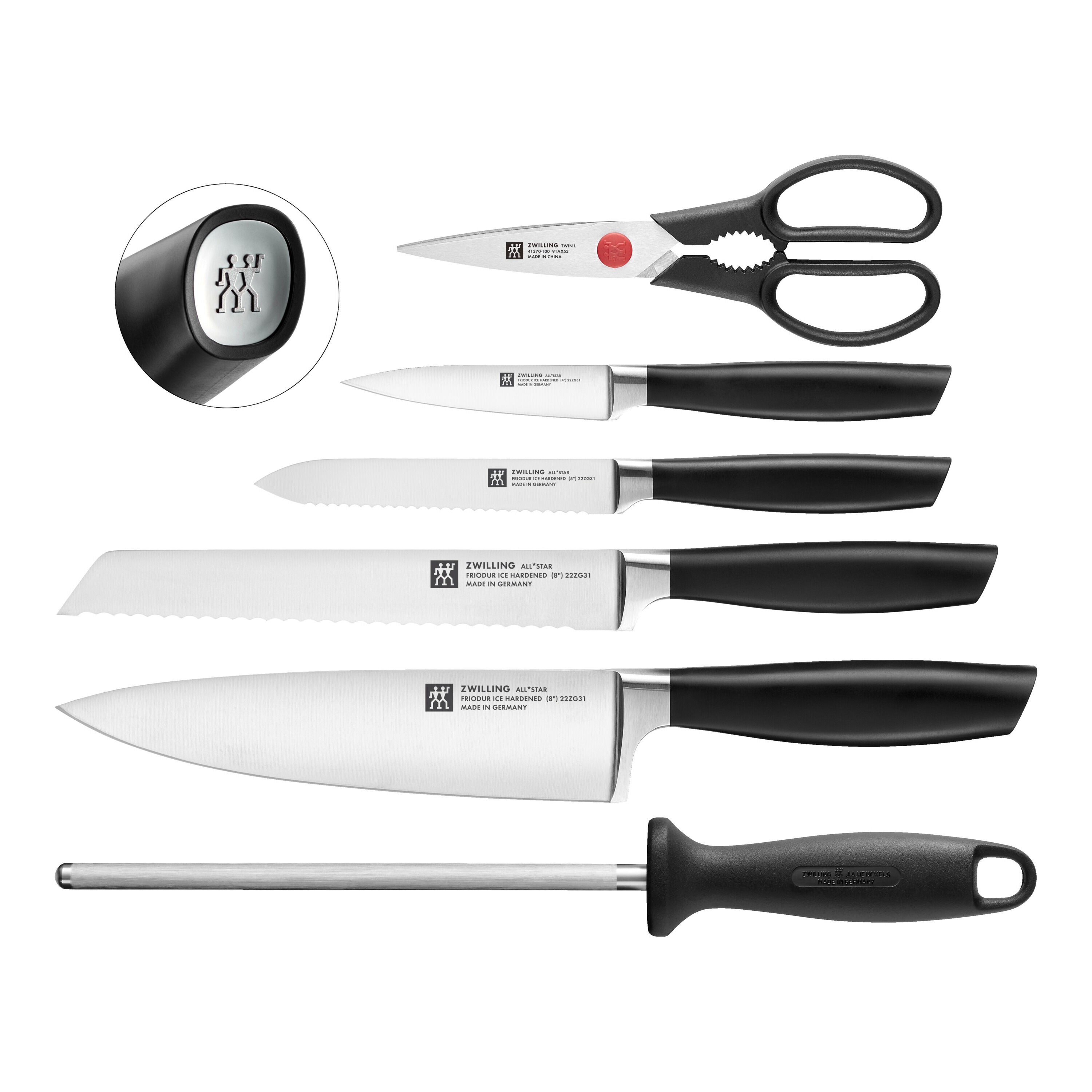 ZWILLING All * Star 7 Piece Knife Block Set, Silver including various knives and sharpener in a stylish arrangement.