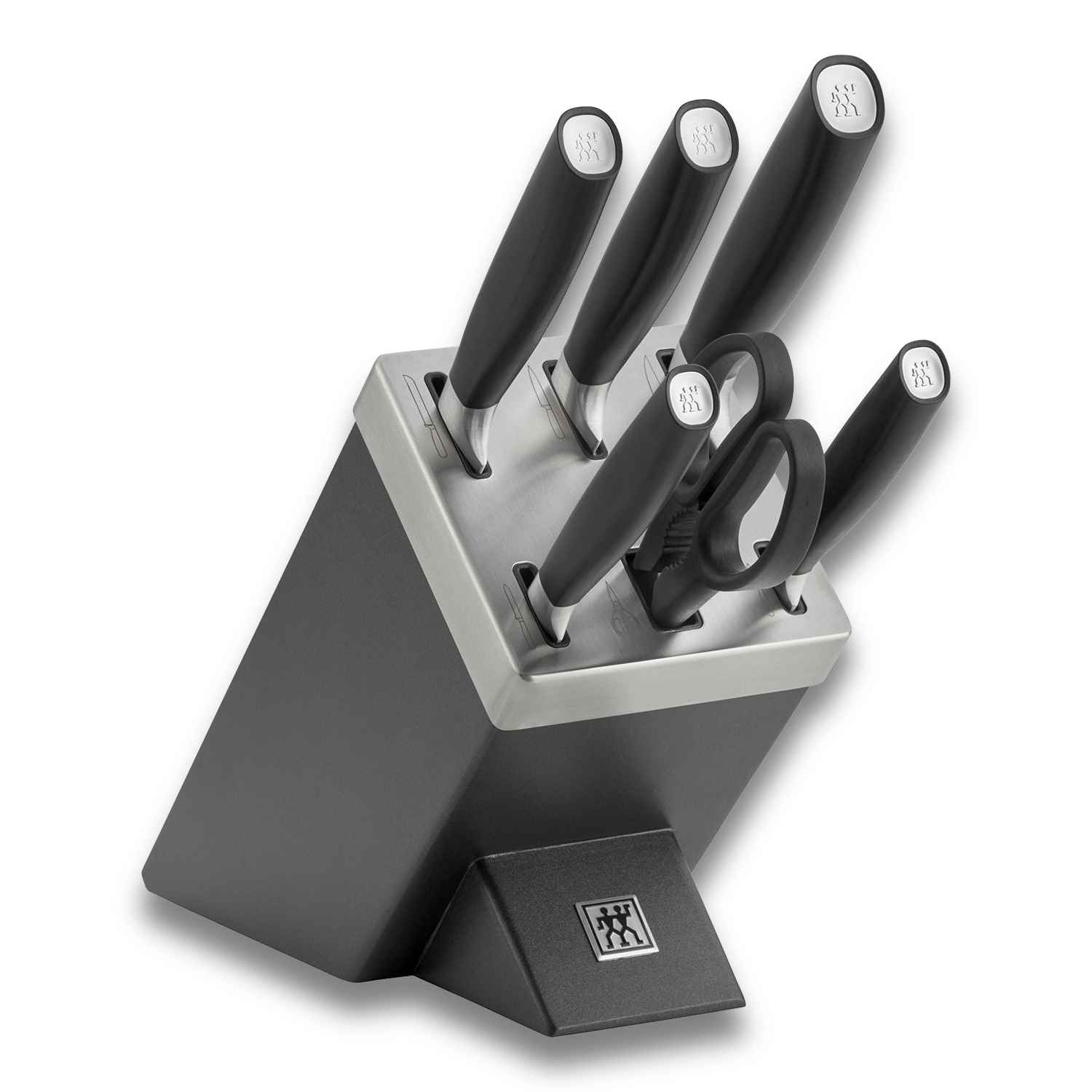 ZWILLING All * Star 7 Piece Knife Block Set, Silver displayed in a sleek knife block with sharpening features.