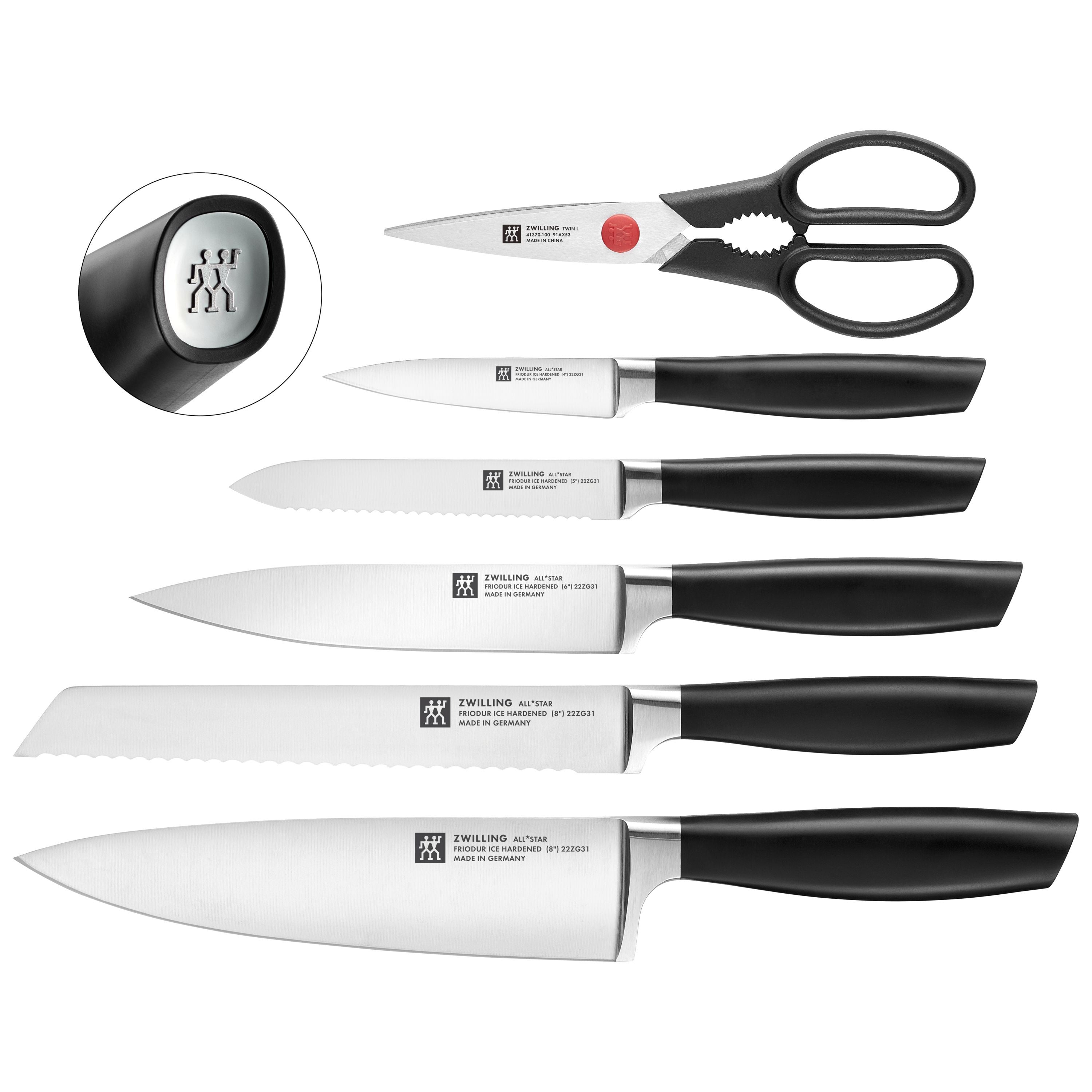 ZWILLING All * Star 7 Piece Knife Block Set, Silver with knives and kitchen scissors displayed.