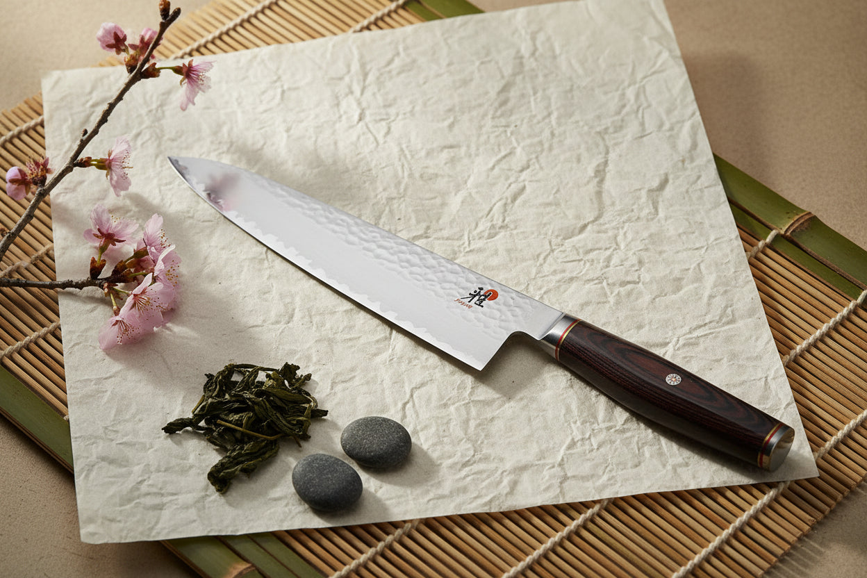 Miyabi 6000 MCT 8 Inch Gyutoh displayed on textured paper with flowers and stones.