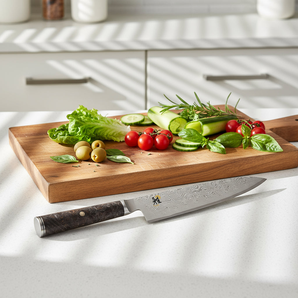Two chef's knives with decorative handles on a white background