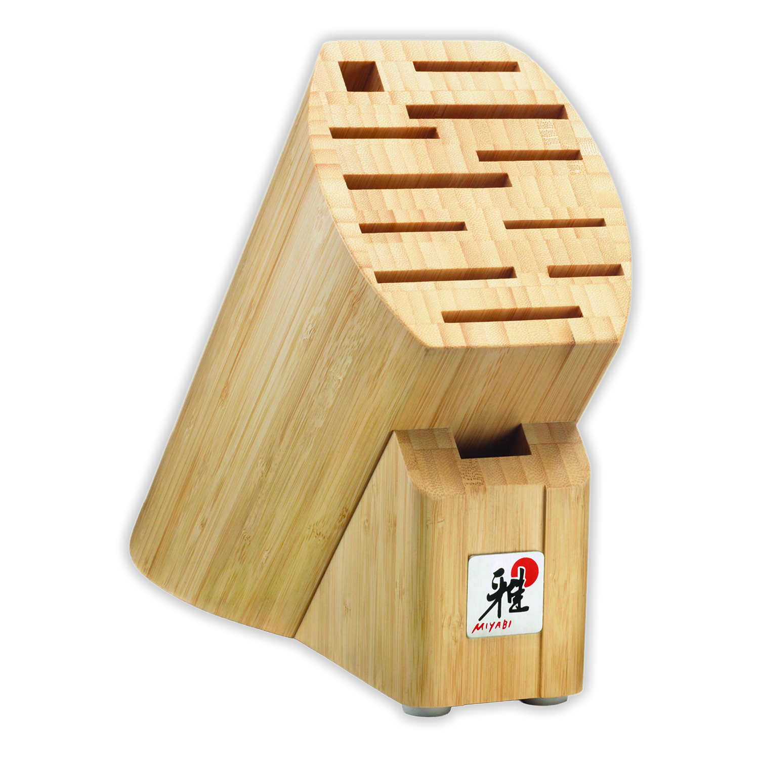 Wooden knife block with multiple slots on a white background