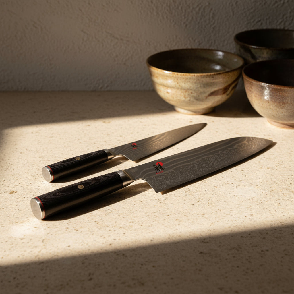 Two knives with black handles on a white background