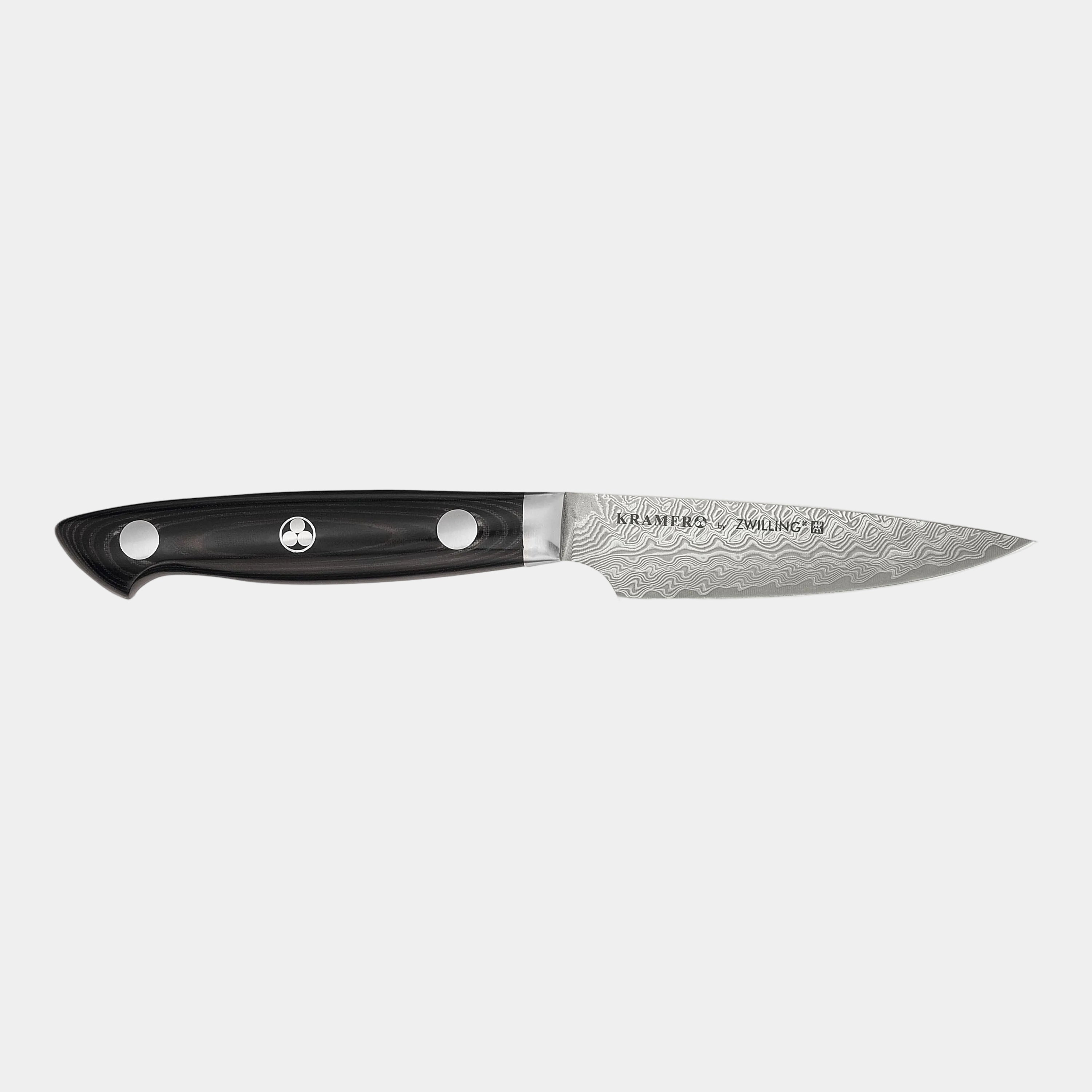 Knife with a black handle and silver blade on a white background