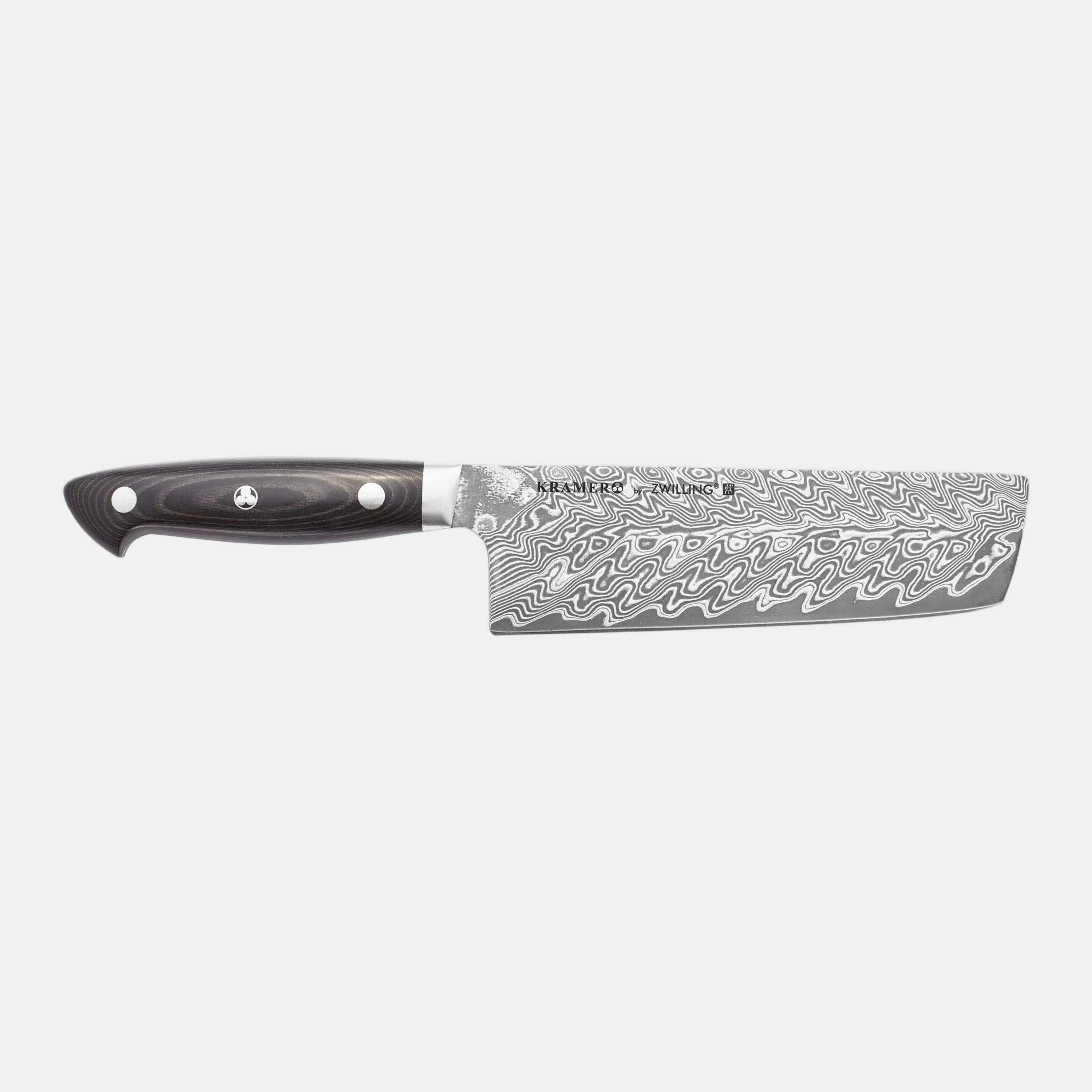 Knife with a black handle and silver blade on a white background