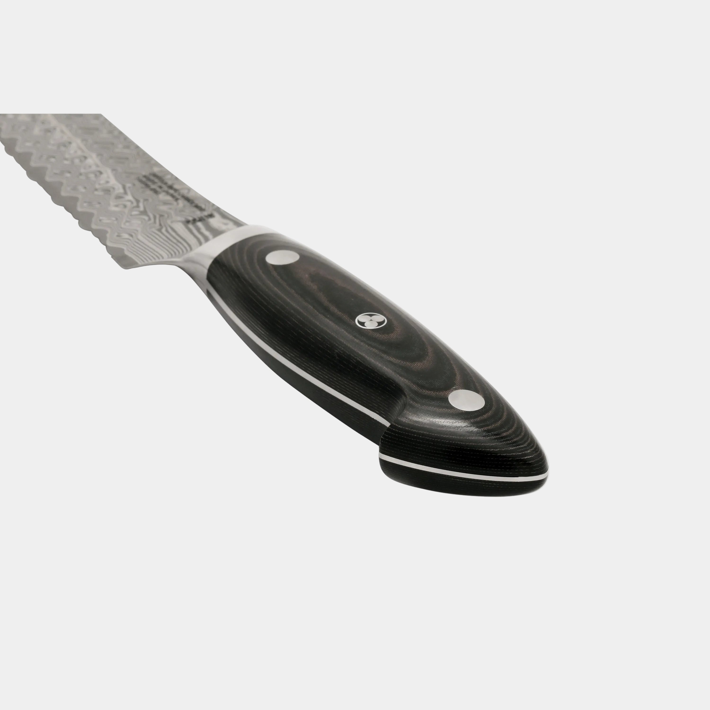 Black-handled knife with a silver blade on a white background