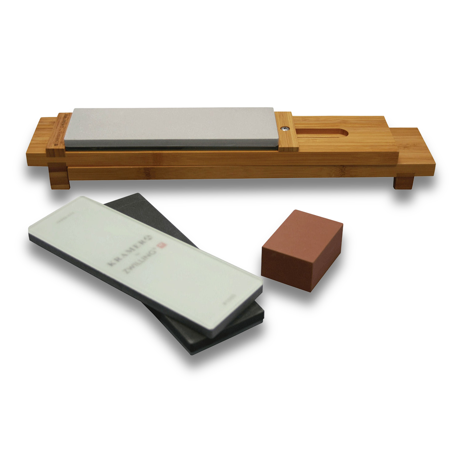 ZWILLING Sharpening Stone Set includes bamboo sink bridge and multiple glass water sharpening stones.