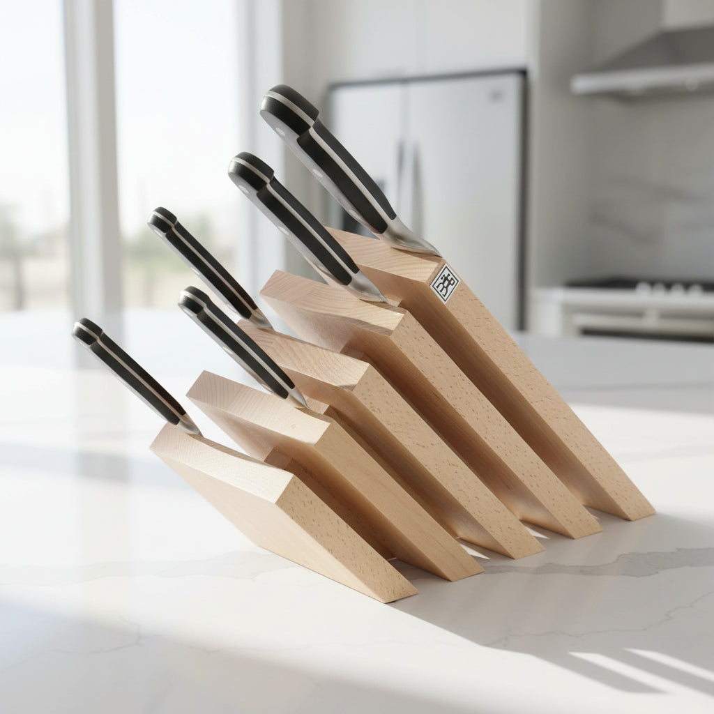 Set of wooden knives with black handles on a white background