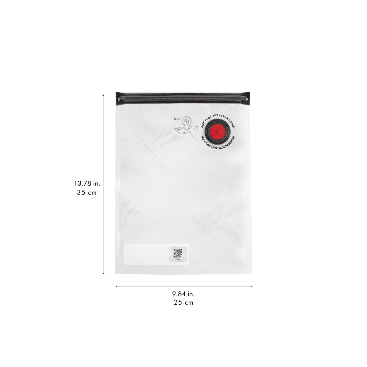 White pouch with black zipper and red label, shown with dimensions on a white background