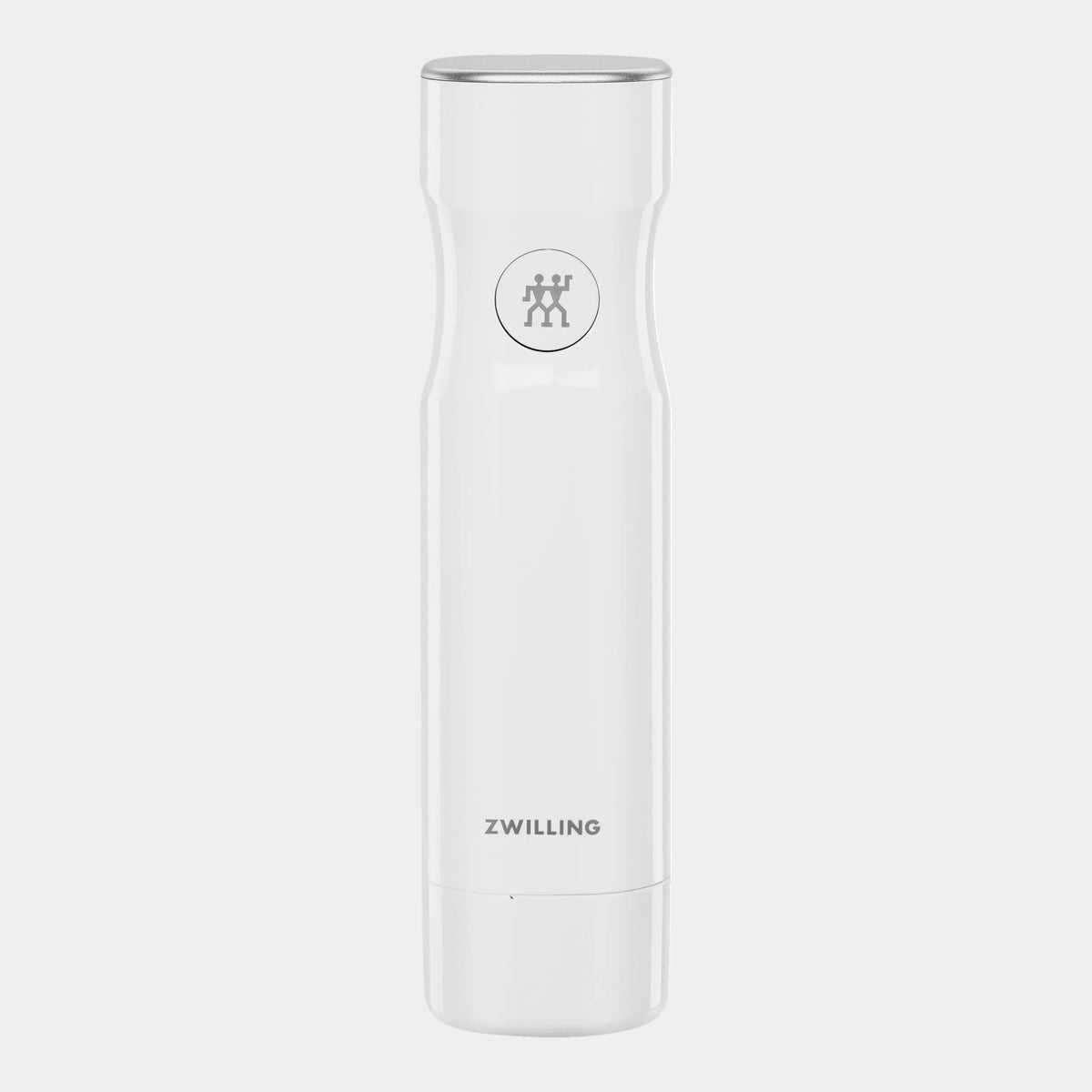 A white cylindrical travel tumbler with a silver metallic top rim and a circular logo featuring a stylized 'Z' on the front, with the brand name 'ZWILLING' printed near the bottom.